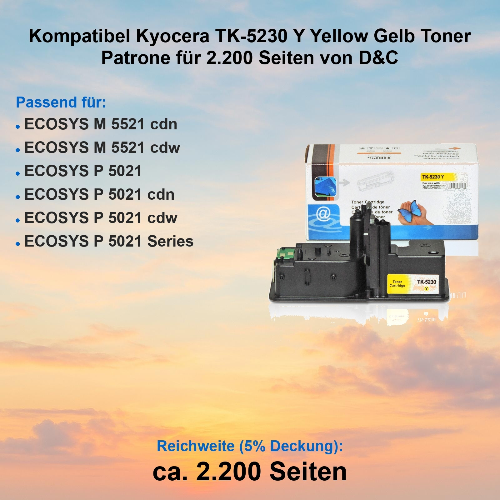 Das Bild zeigt eine gelbe Tonerkartusche für Kyocera-Drucker. Text beinhaltet Druckermodelle und Seitenleistung.