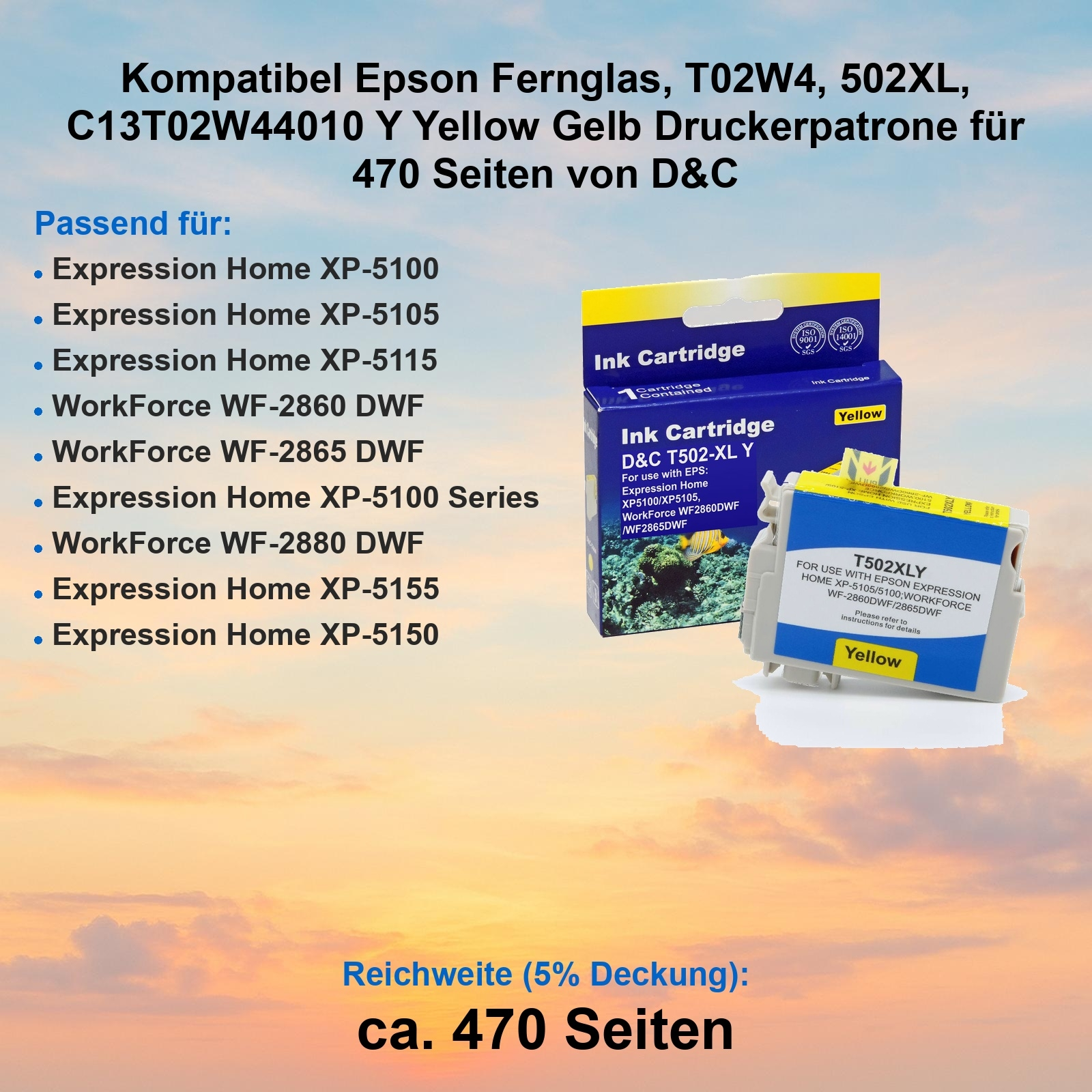Eine Tintenpatronenbox und -patrone, gelbe Tinte, kompatibel mit Epson-Druckern, mit blauem und gelbem Himmelsgrund.