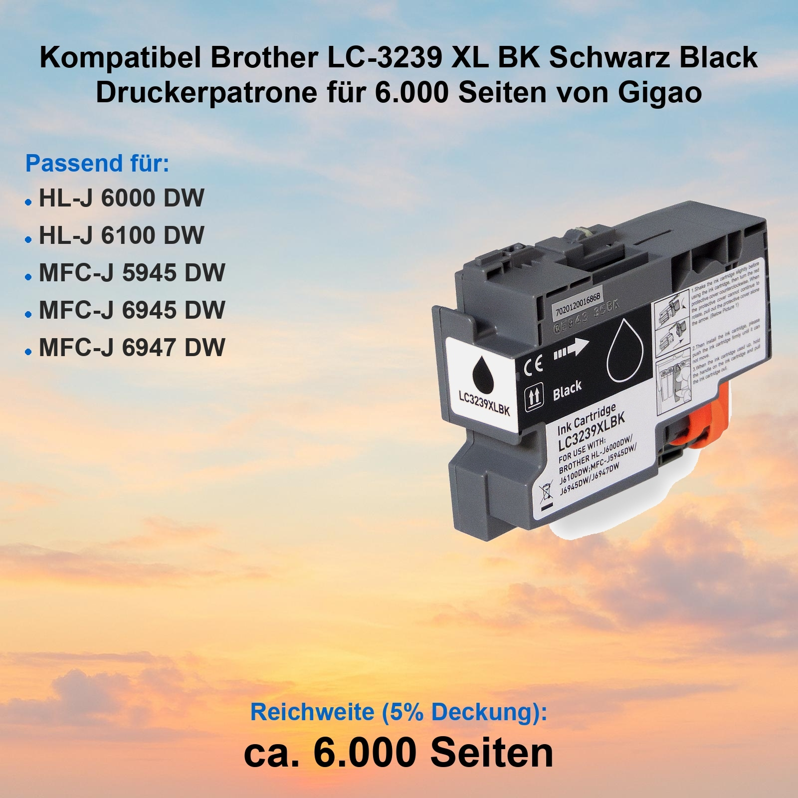 Schwarze Brother Tintenpatrone. Zeigt Modell, Kompatibilität und Seitenleistung von 6.000 Seiten. Vor einem Himmelhintergrund.