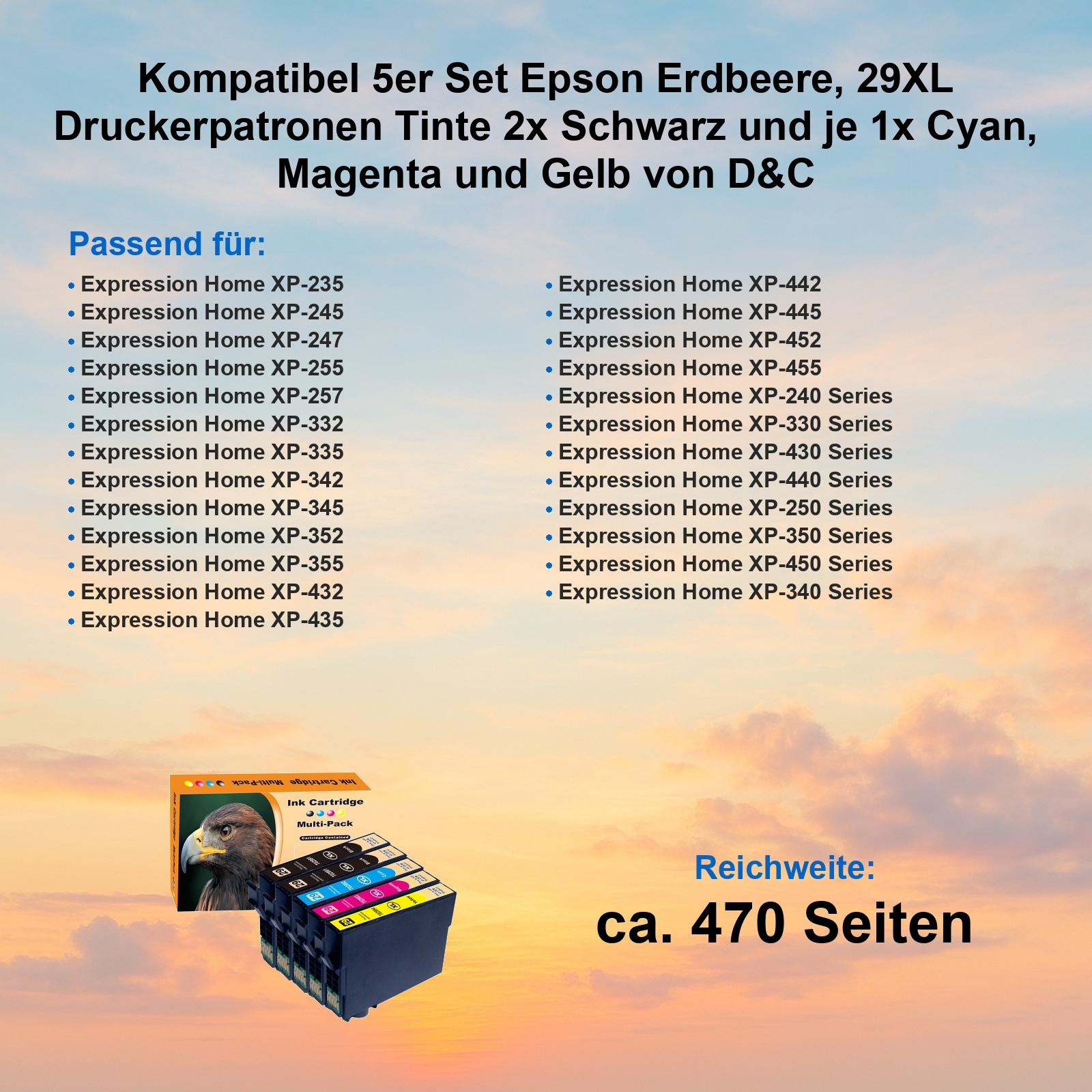 Das Bild zeigt ein Tintenpatronen-Multipack-Set mit schwarzer, cyanfarbener, magentafarbener und gelber Tinte. Text auf der Box.
