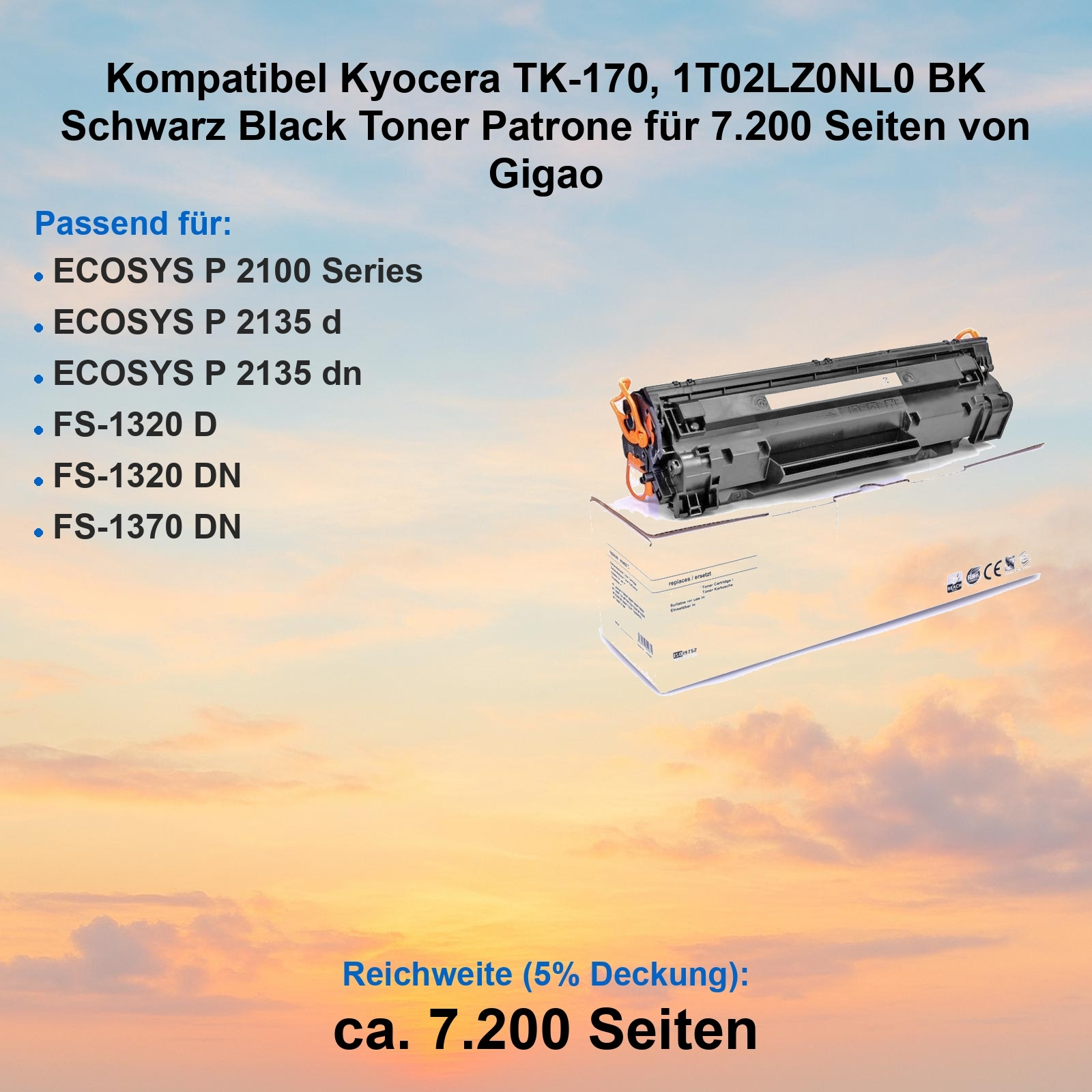 Schwarze Tonerkartusche für Kyocera-Drucker. Enthält Patrone und Box. Text beinhaltet kompatible Modelle und Seitenleistung.