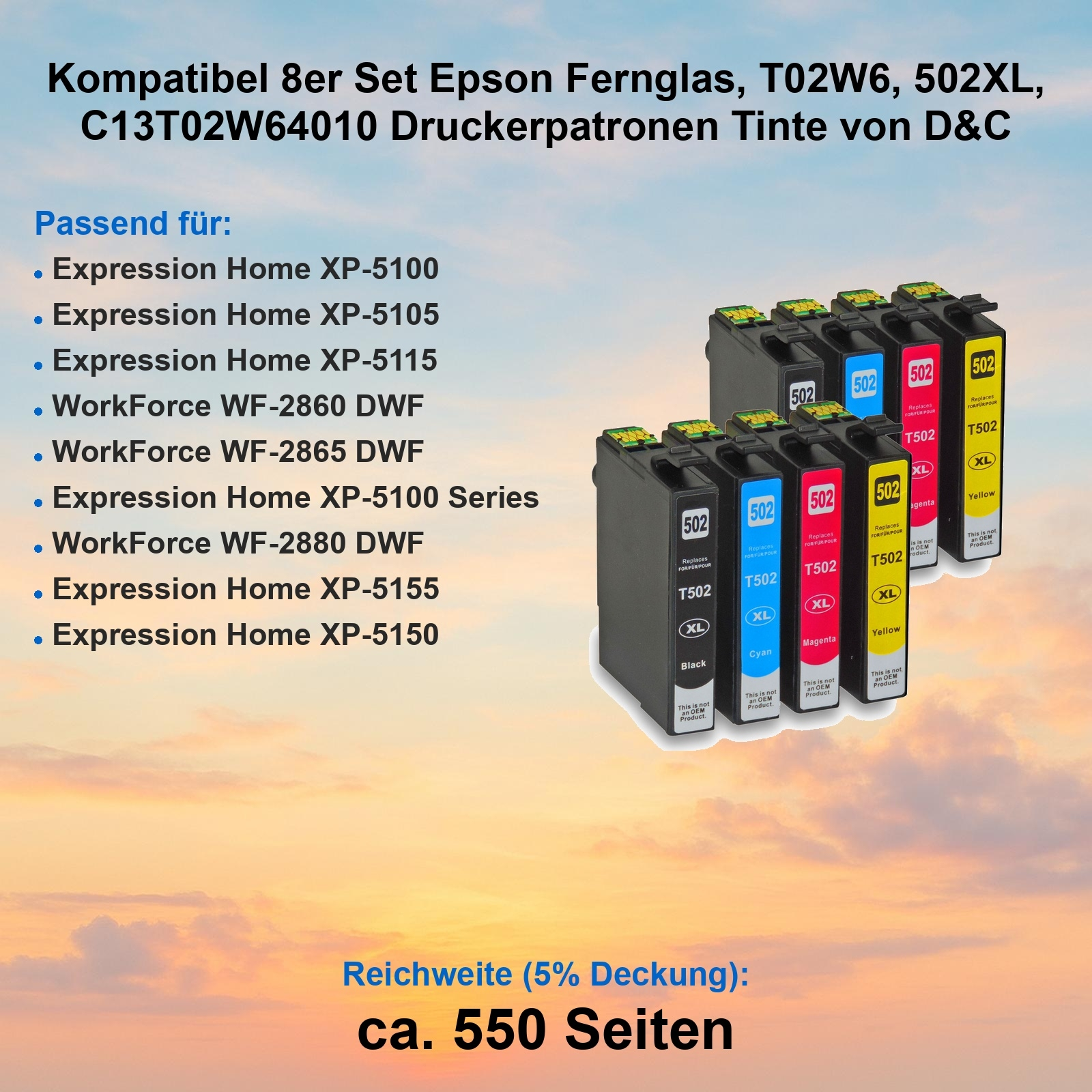 Tintenpatronen in Schwarz, Cyan, Magenta und Gelb. Text listet Druckermodelle auf. Der Hintergrund ist ein orange-blauer Himmel.