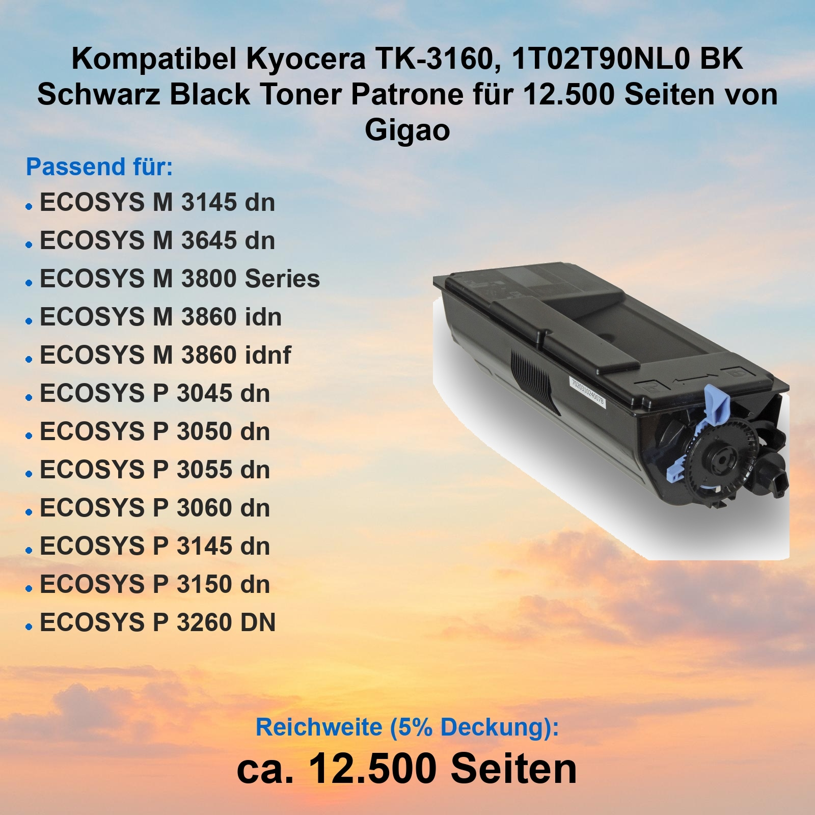 Eine schwarze Tonerkartusche für Kyocera-Drucker. Das Bild enthält ein Produktfoto, Text und eine Liste kompatibler Druckermodelle.