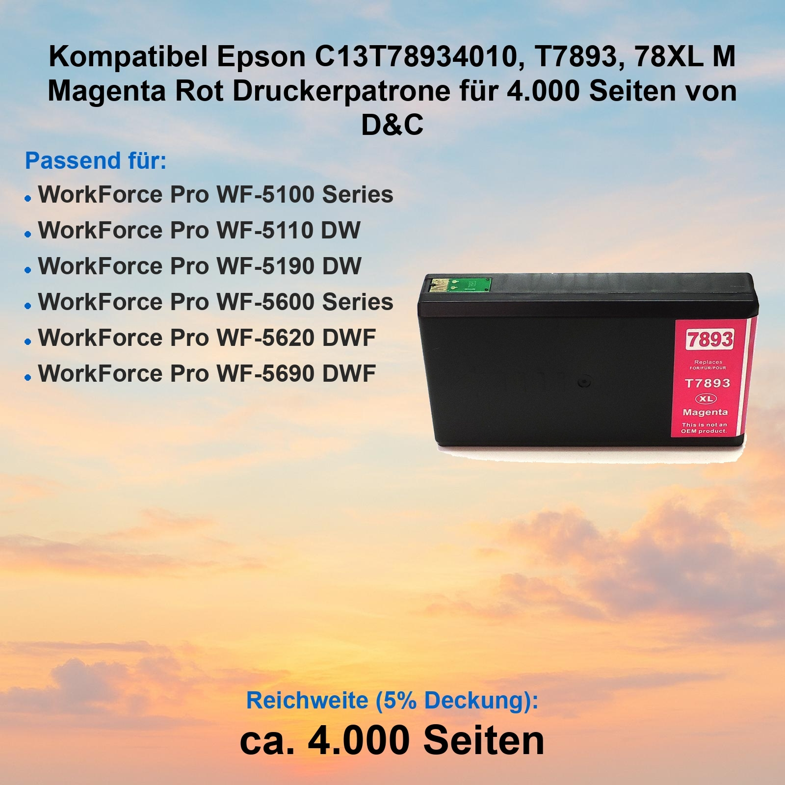 Eine magenta Tintenpatrone für Epson-Drucker, mit deutschem Text zu Kompatibilität und Seitenleistung.