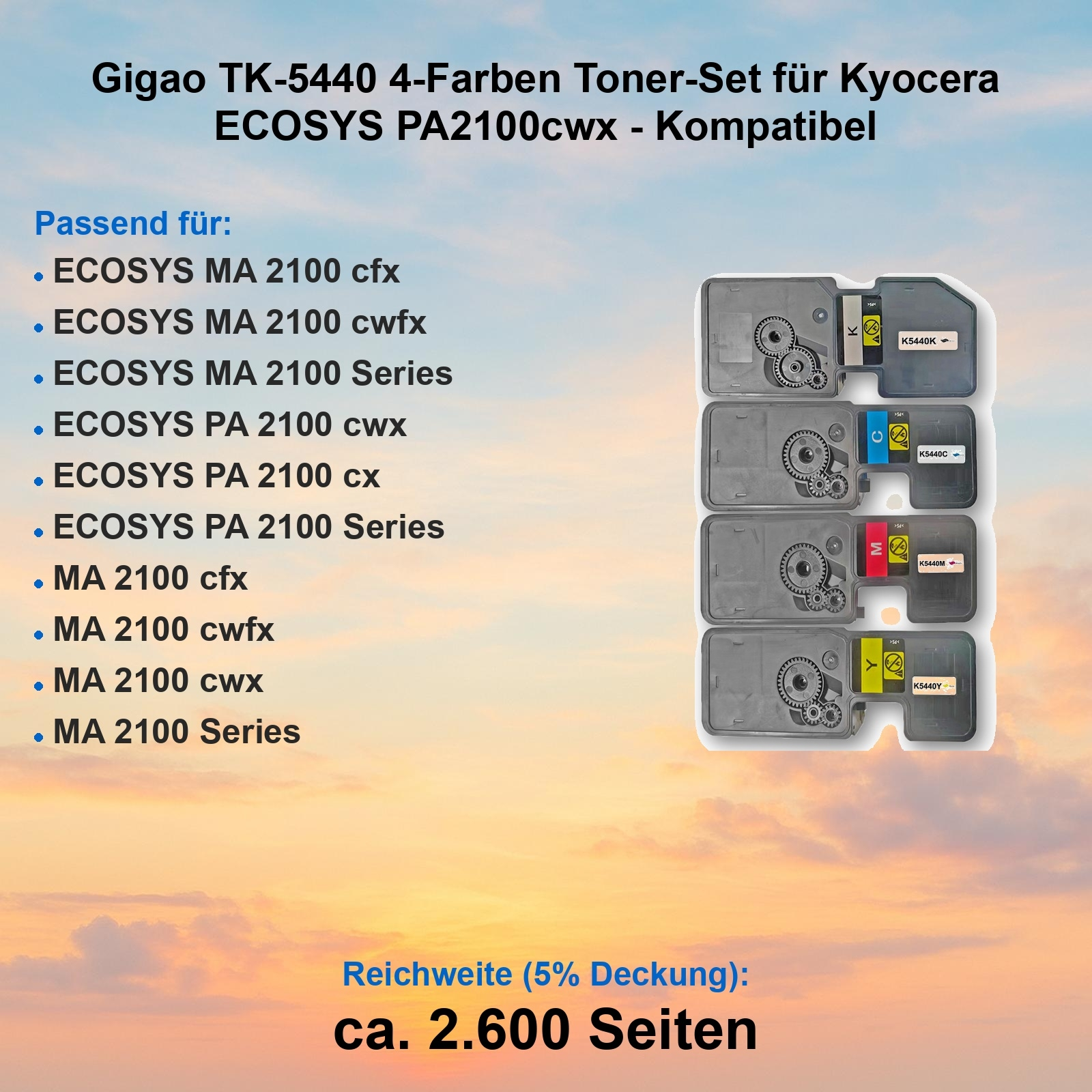 Das Bild zeigt ein Tonerset für Kyocera-Drucker mit vier Patronen in Schwarz, Cyan, Magenta und Gelb. Text listet kompatible Modelle auf.