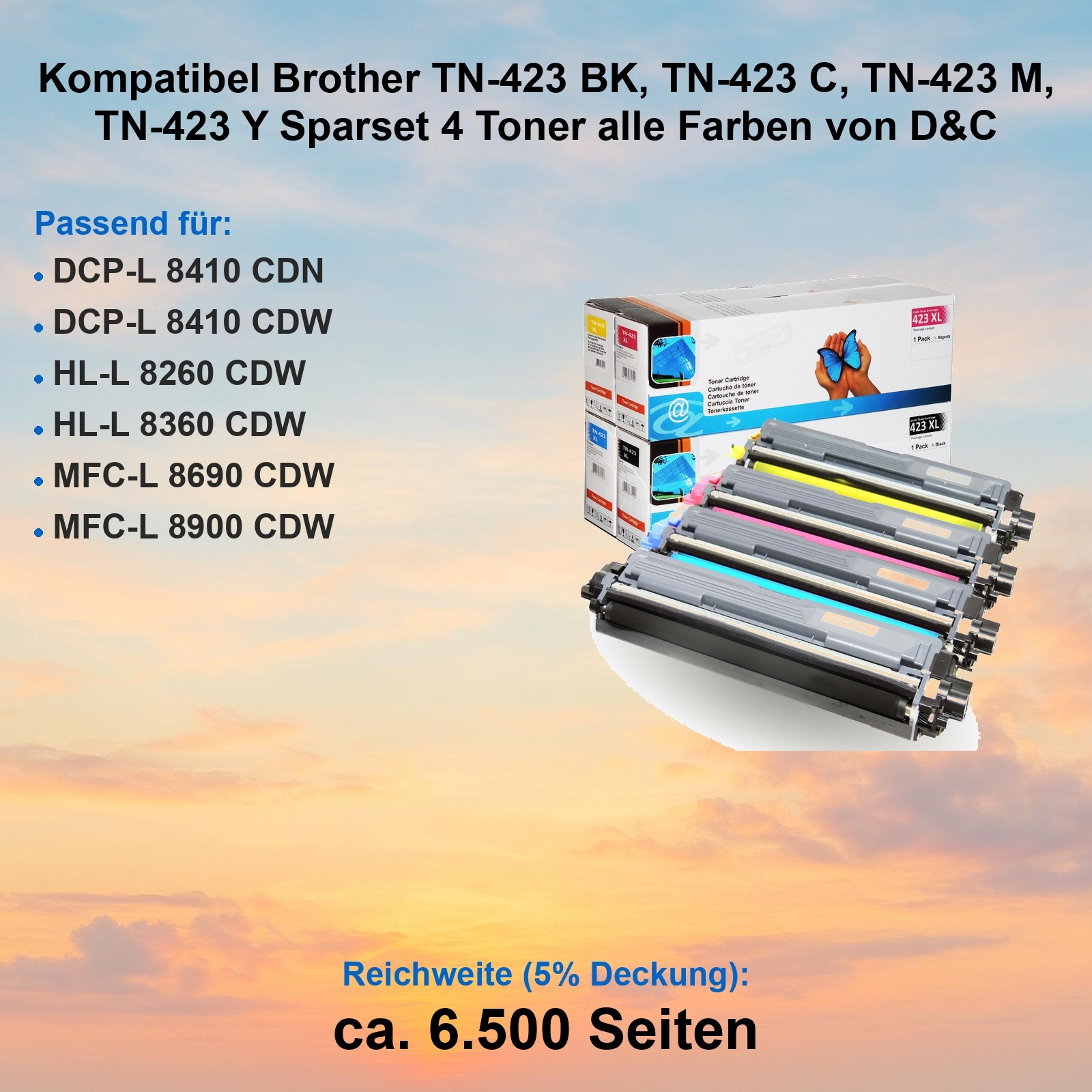 Das Bild zeigt Tonerkartuschen mit Produktinformationen, einen Schmetterling und eine Liste von Druckermodellen.