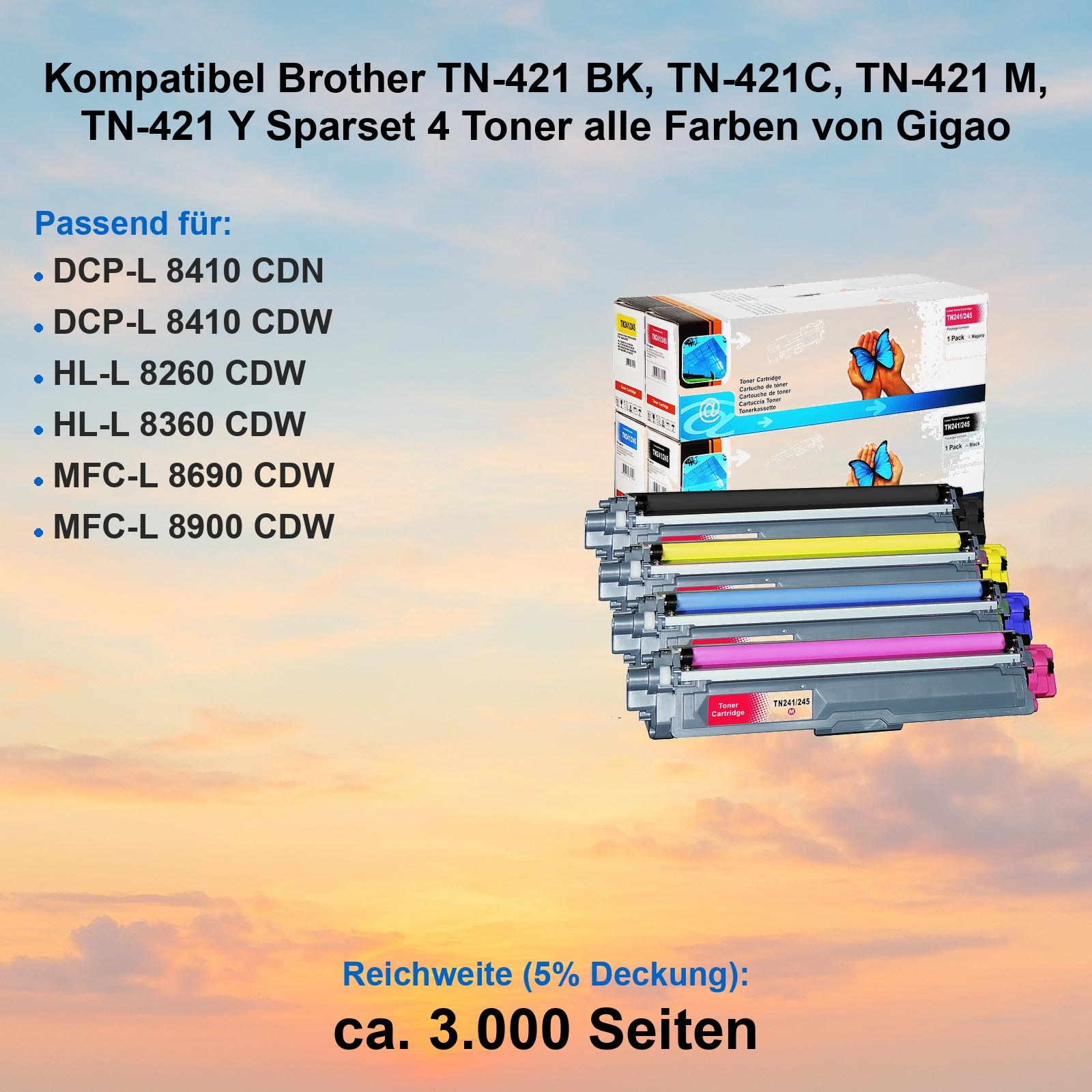 Das Bild zeigt Tonerkartuschen für Brother-Drucker. Text listet kompatible Modelle auf. Kartuschen sind gestapelt, in verschiedenen Farben.