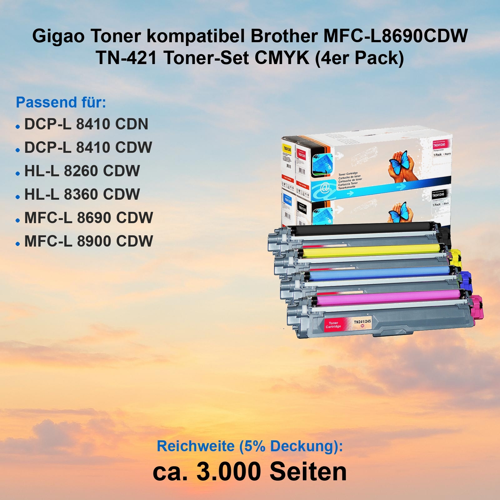Das Bild zeigt Tonerkartuschen mit Kartons. Text: Gigao Toner, TN-421 CMYK, kompatibel mit Brother MFC-L8690CDW.