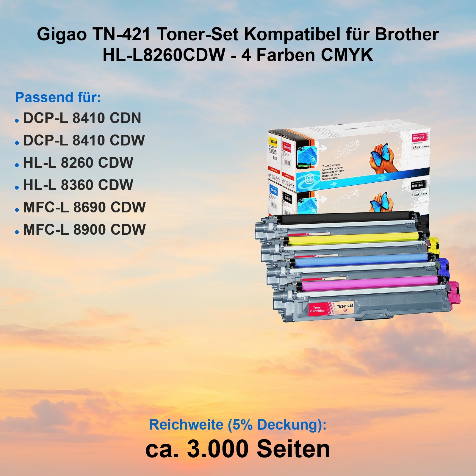 Das Bild zeigt Tonerkartuschen für Brother-Drucker. Text beinhaltet Druckermodelle und Kartuschendetails. Farben sind CMYK.