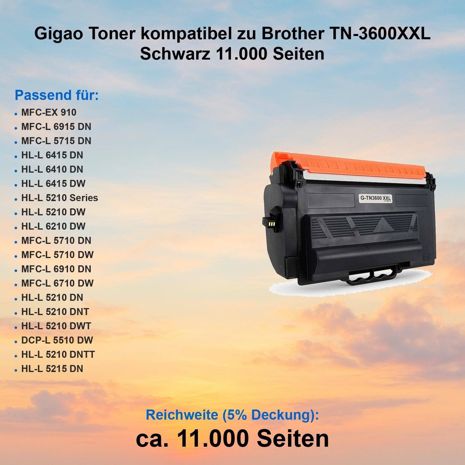 Schwarze Tonerkartusche für Brother-Drucker. Die Kartusche ist schwarz mit orangefarbenem Oberteil, vor Sonnenuntergang.