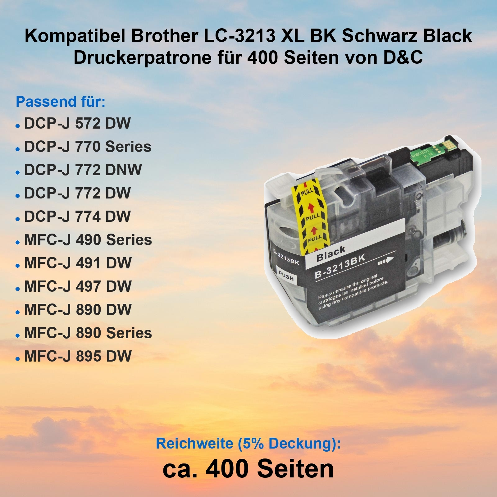 Tintenpatrone für Brother-Drucker. Schwarze Patrone mit Text. Listet kompatible Druckermodelle.