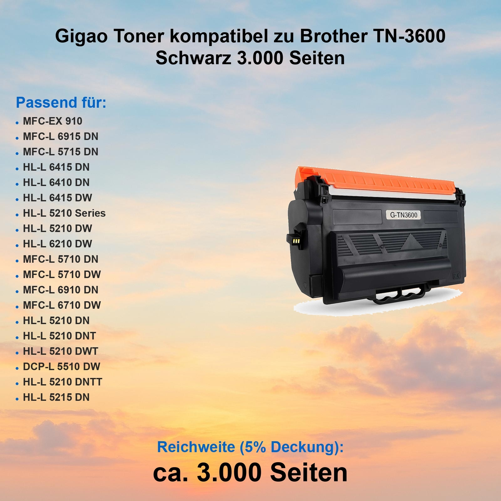 Eine schwarze und orangefarbene Tonerkartusche für Brother TN-3600 Drucker. Enthält kompatible Modelle und Seitenleistung.