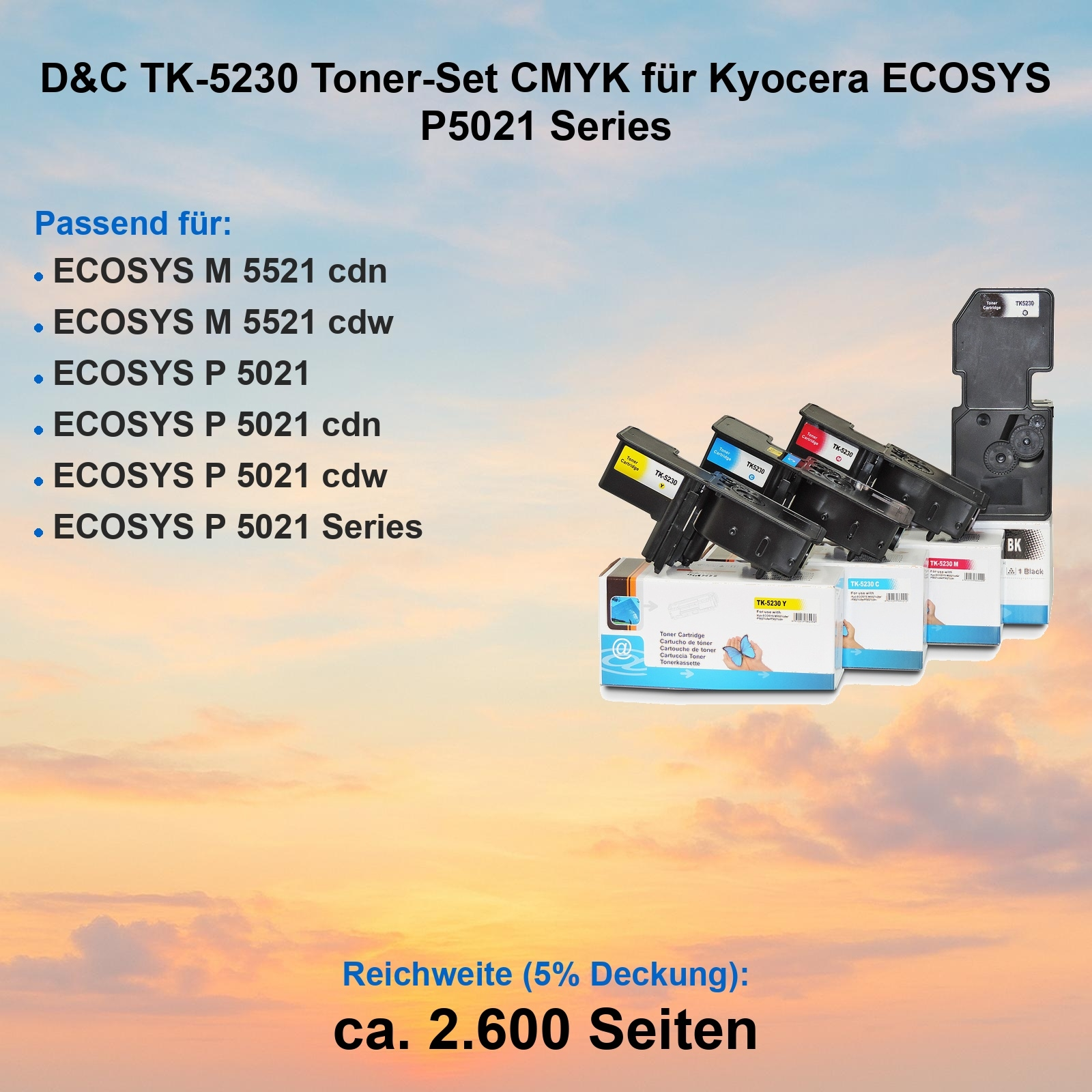 Das Bild zeigt Tonerkartuschen für Kyocera-Drucker. Die Kartuschen sind schwarz, cyan, magenta und gelb.
