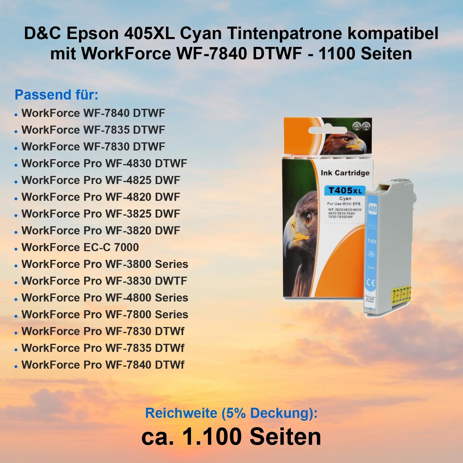 Das Bild zeigt eine Tintenpatronenbox und -patrone. Text auf der Box: T405XL Cyan. Kompatibel mit Epson Workforce Druckern.