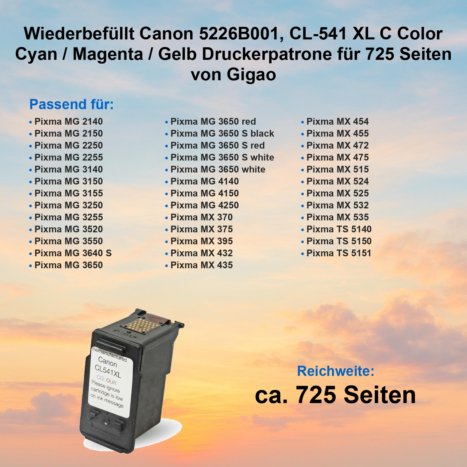 Das Bild zeigt eine Canon CL541XL Tintenpatrone. Der Text listet kompatible Drucker und die Ergiebigkeit von ca. 725 Seiten auf.