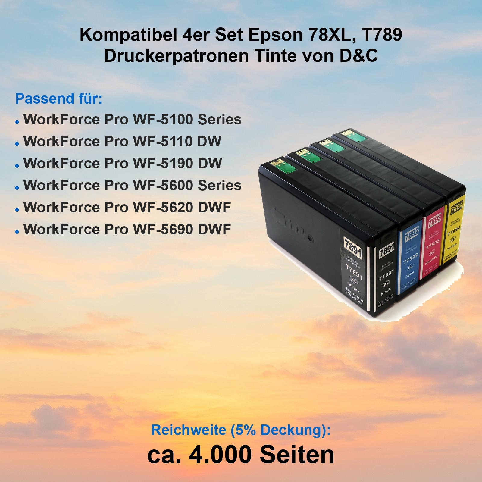 Vier schwarze Tintenpatronen mit den Bezeichnungen 7891, 7892, 7893, 7894, für Epson-Drucker mit kompatiblen Modellen.