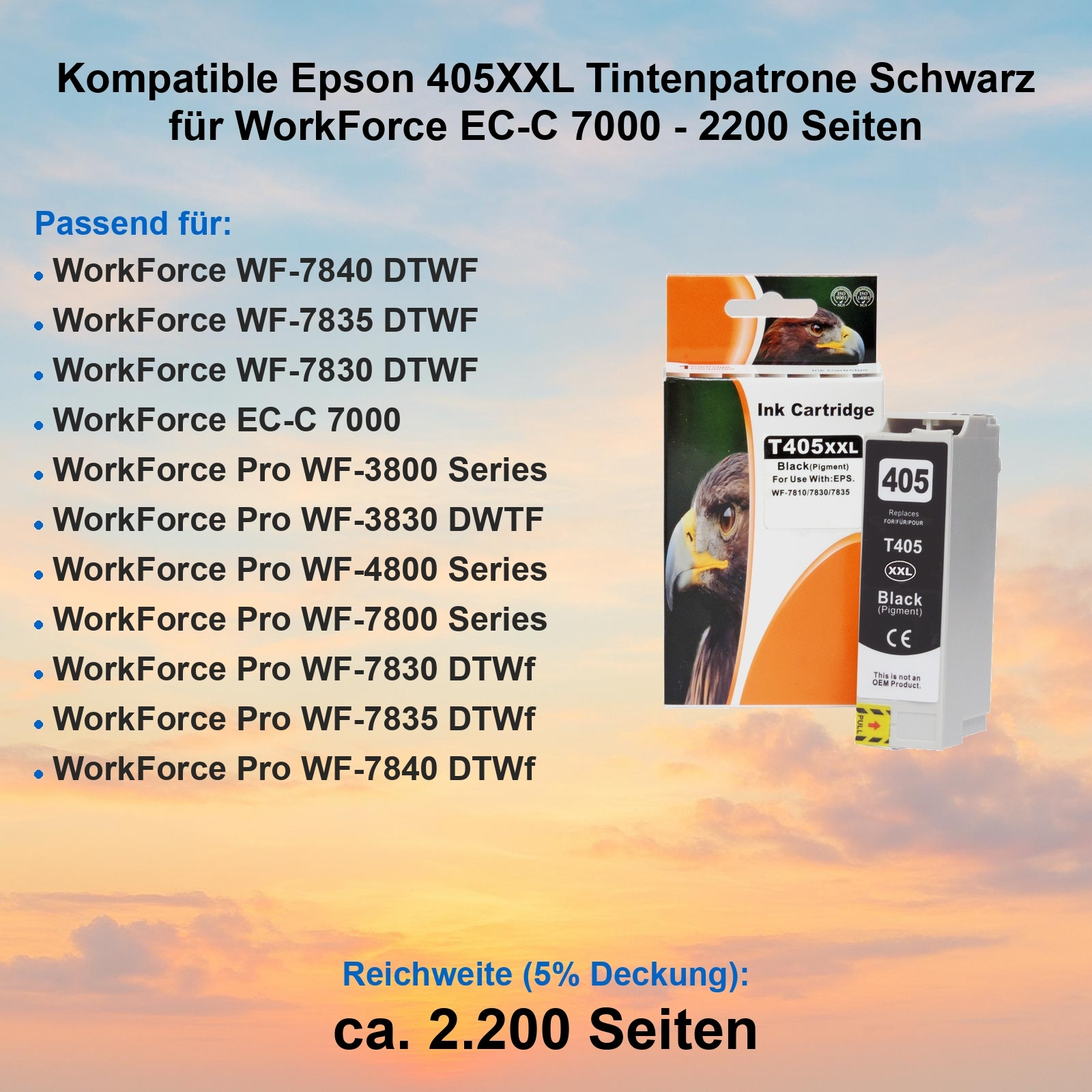 Eine Epson-Druckerpatronenbox und -kartusche werden gezeigt. Der Text enthält Informationen zur Druckerkompatibilität und Seitenausbeute.