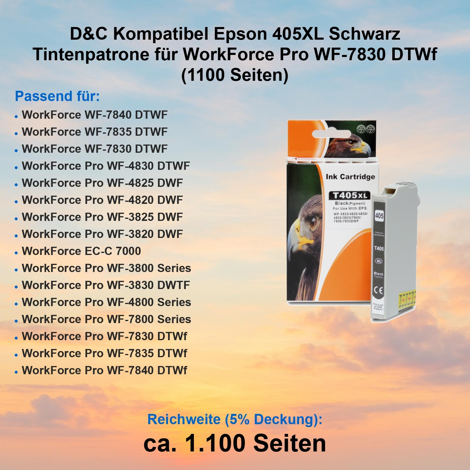 Tintenpatronenbox mit Vogelbild, kompatibel mit Epson-Druckern. Text enthält Modell und Seitenzahl.