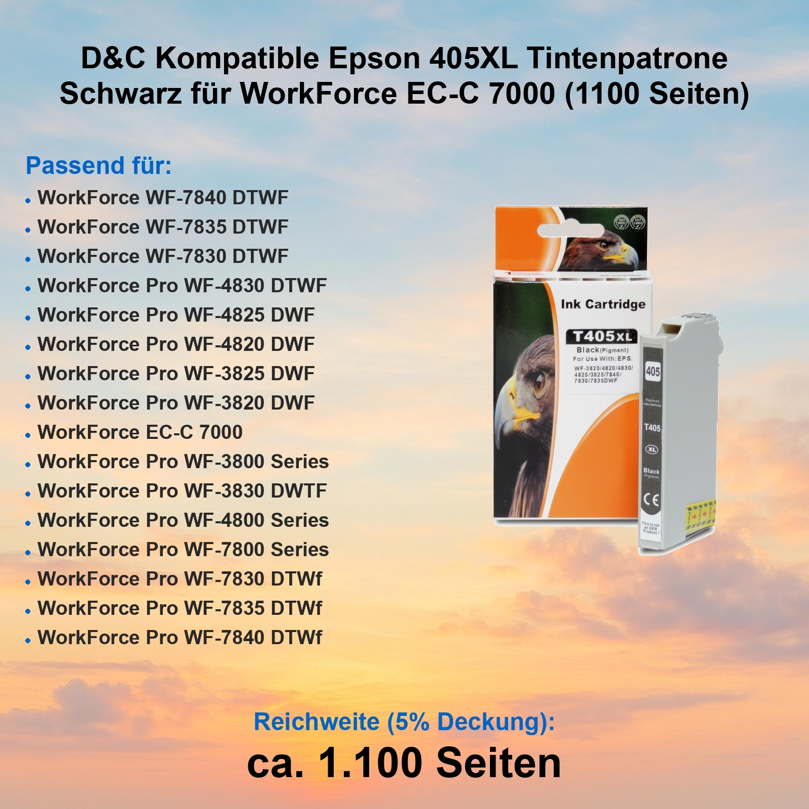 Tintenpatronenbox mit Vogelbild und Text. Die Patrone ist schwarz und gelb.