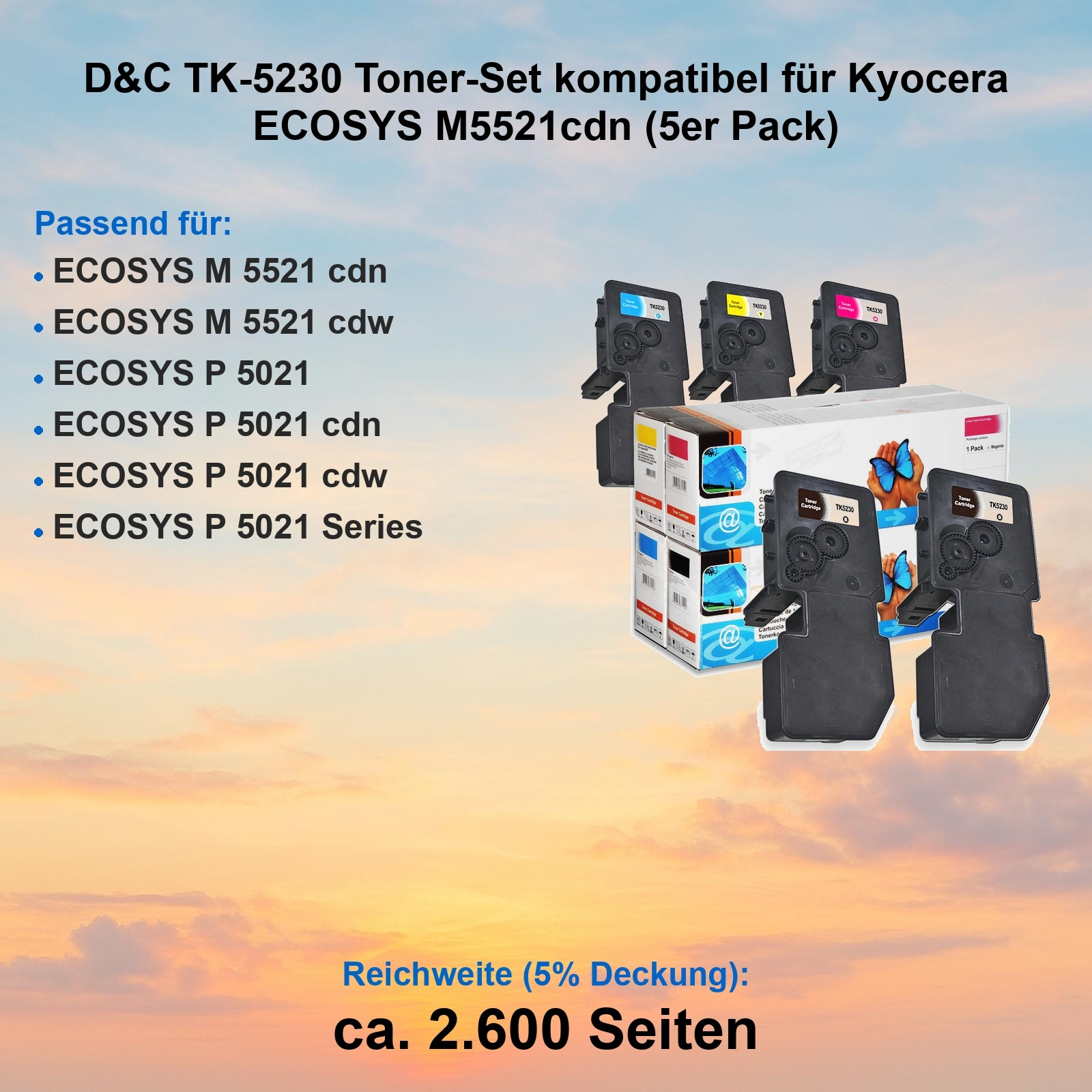 Das Bild zeigt ein Tonerset für Kyocera-Drucker. Es enthält Tonerkartuschen und Verpackungen mit Produktinformationen.