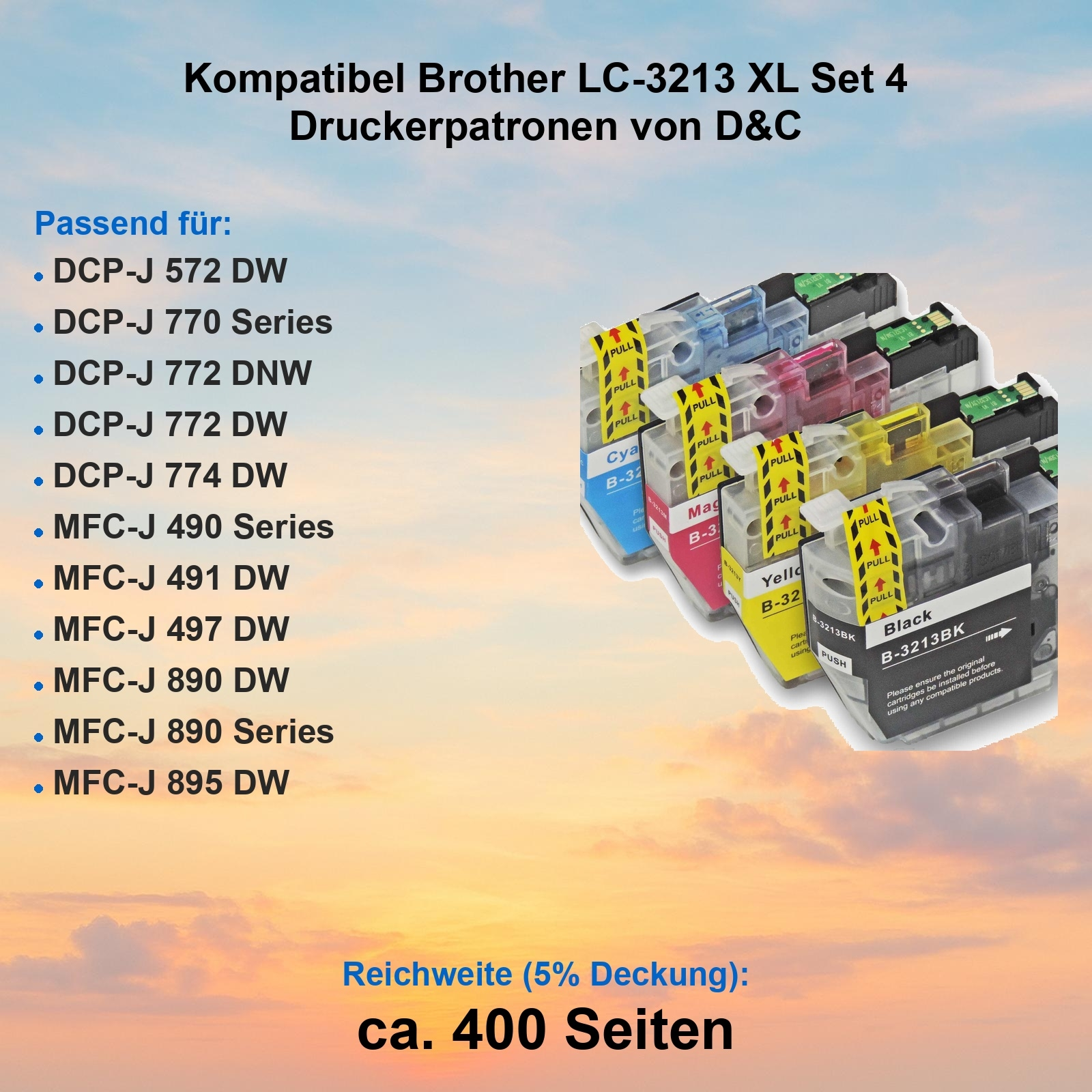 Tintenpatronen-Set für Drucker. Text listet kompatible Modelle. Patronen sind cyan, magenta, gelb und schwarz.