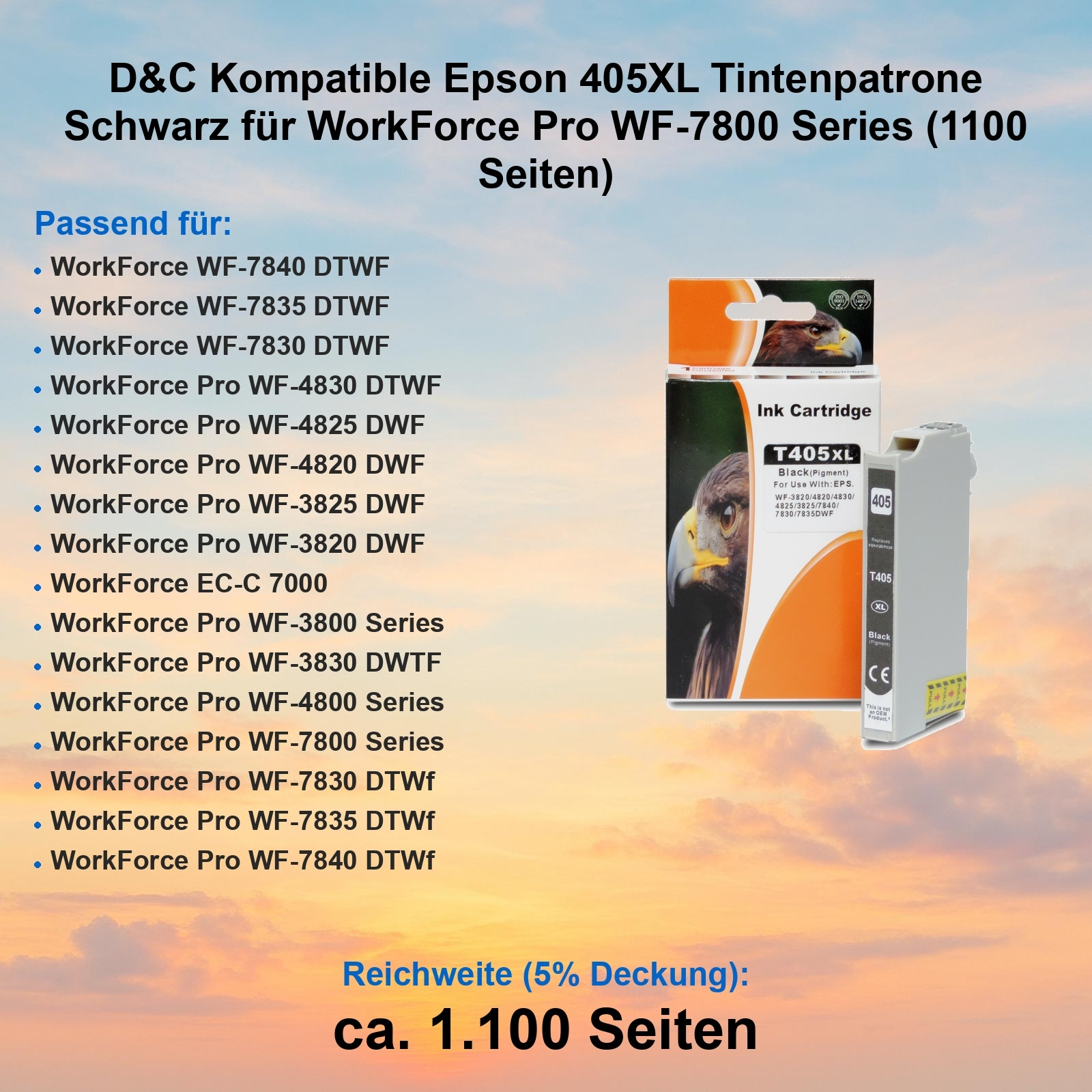 Tintenpatronenbox mit Adlerbild. Text: T405XL, schwarzes Pigment, für Epson-Drucker. Enthält eine schwarze Tintenpatrone.