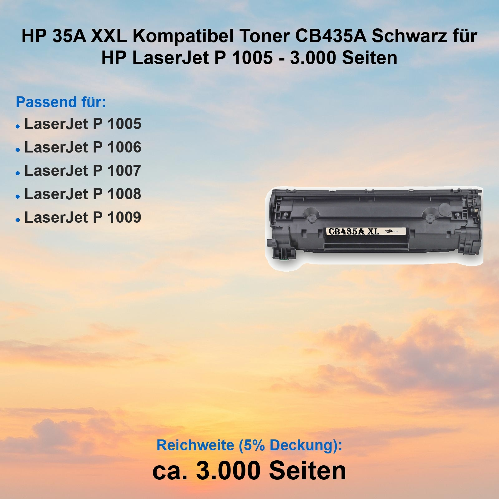 Schwarze Tonerkartusche, CB435A XL, mit Text zu Kompatibilität und Seitenleistung, vor Sonnenuntergangshimmel.