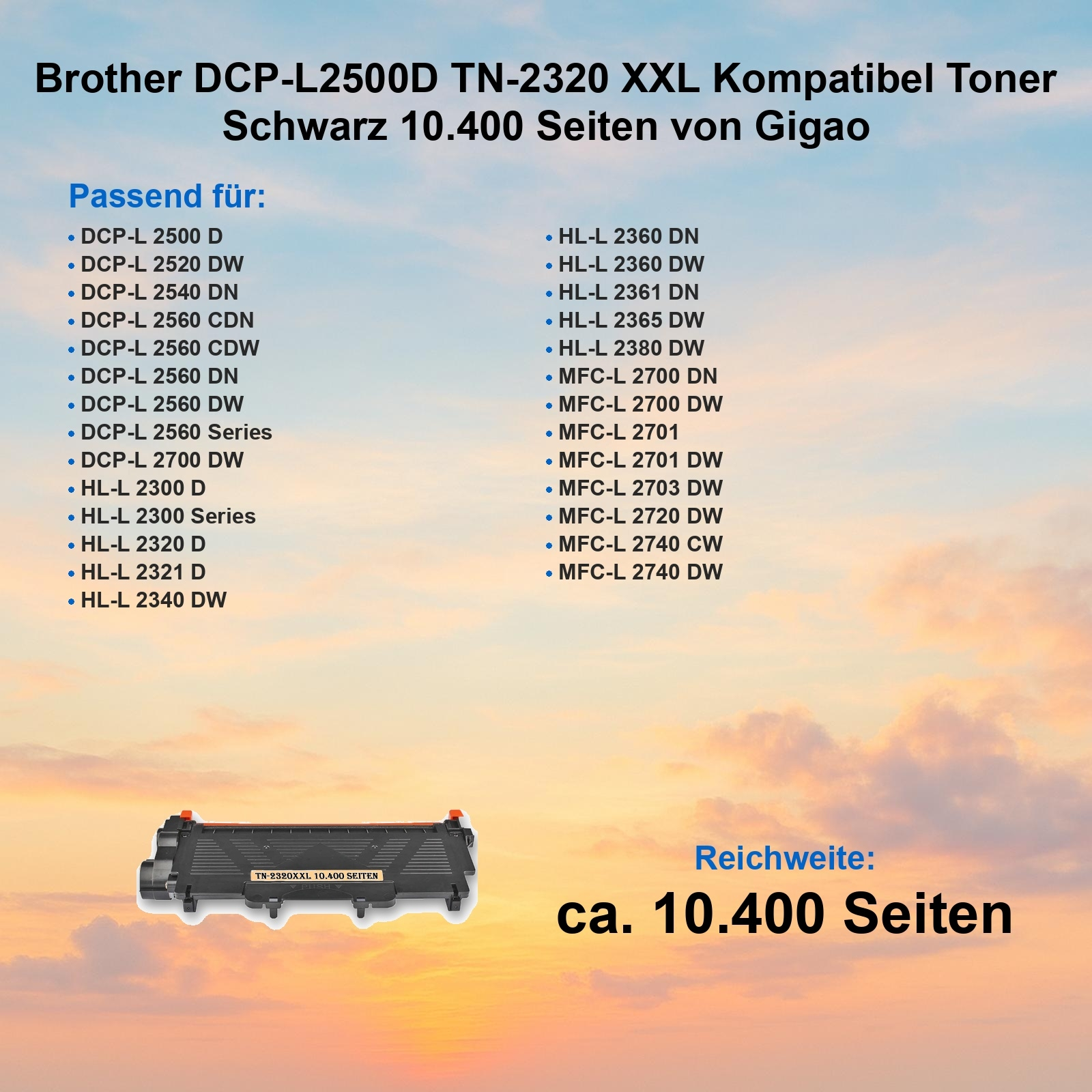 Das Bild zeigt eine schwarze Tonerkartusche mit Text, eine Liste kompatibler Drucker und den Text 'ca. 10.400 Seiten'.