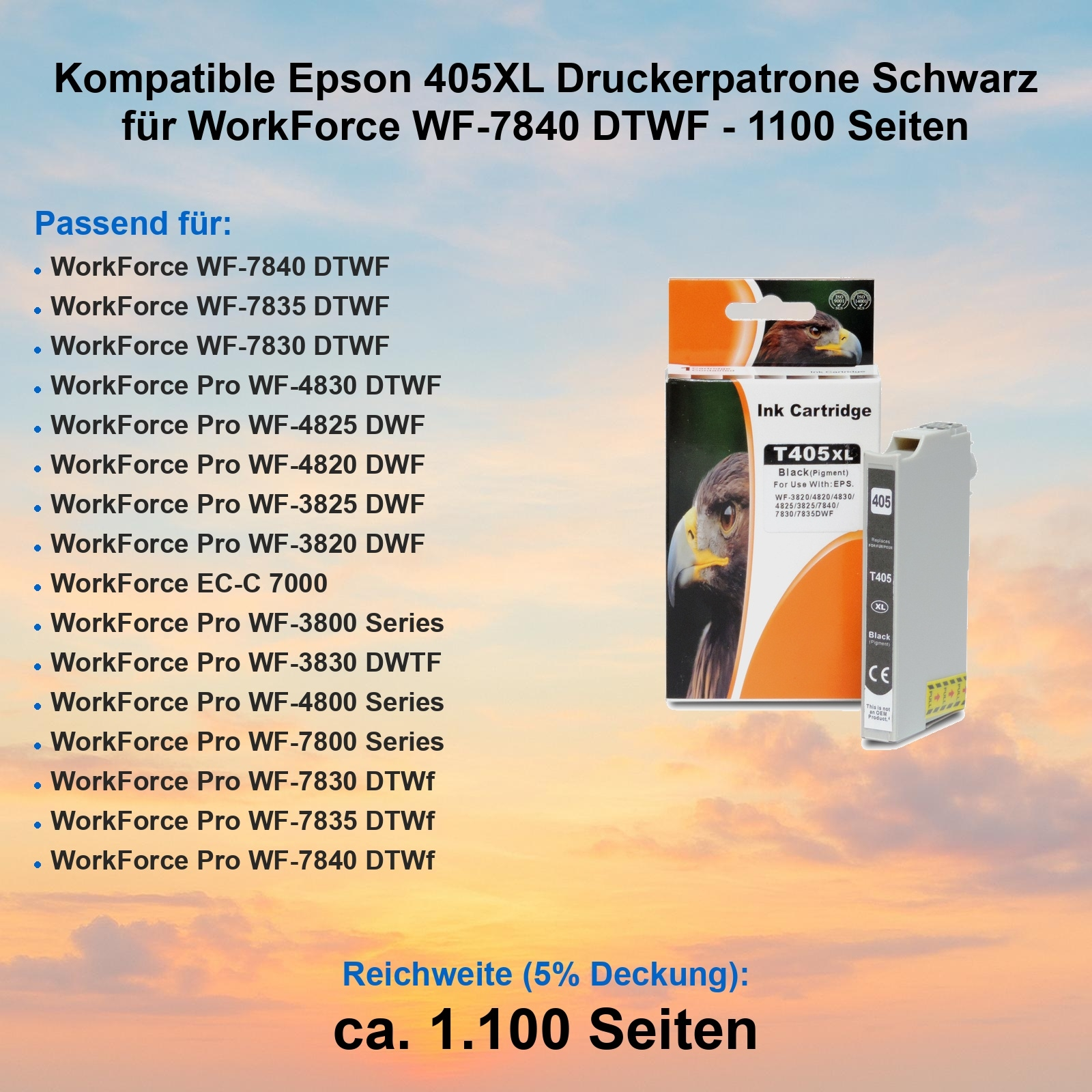 Eine Tintenpatronenbox mit einem Bild eines Vogels. Die Patrone selbst befindet sich auf der rechten Seite. Text und eine Liste kompatibler Drucker.