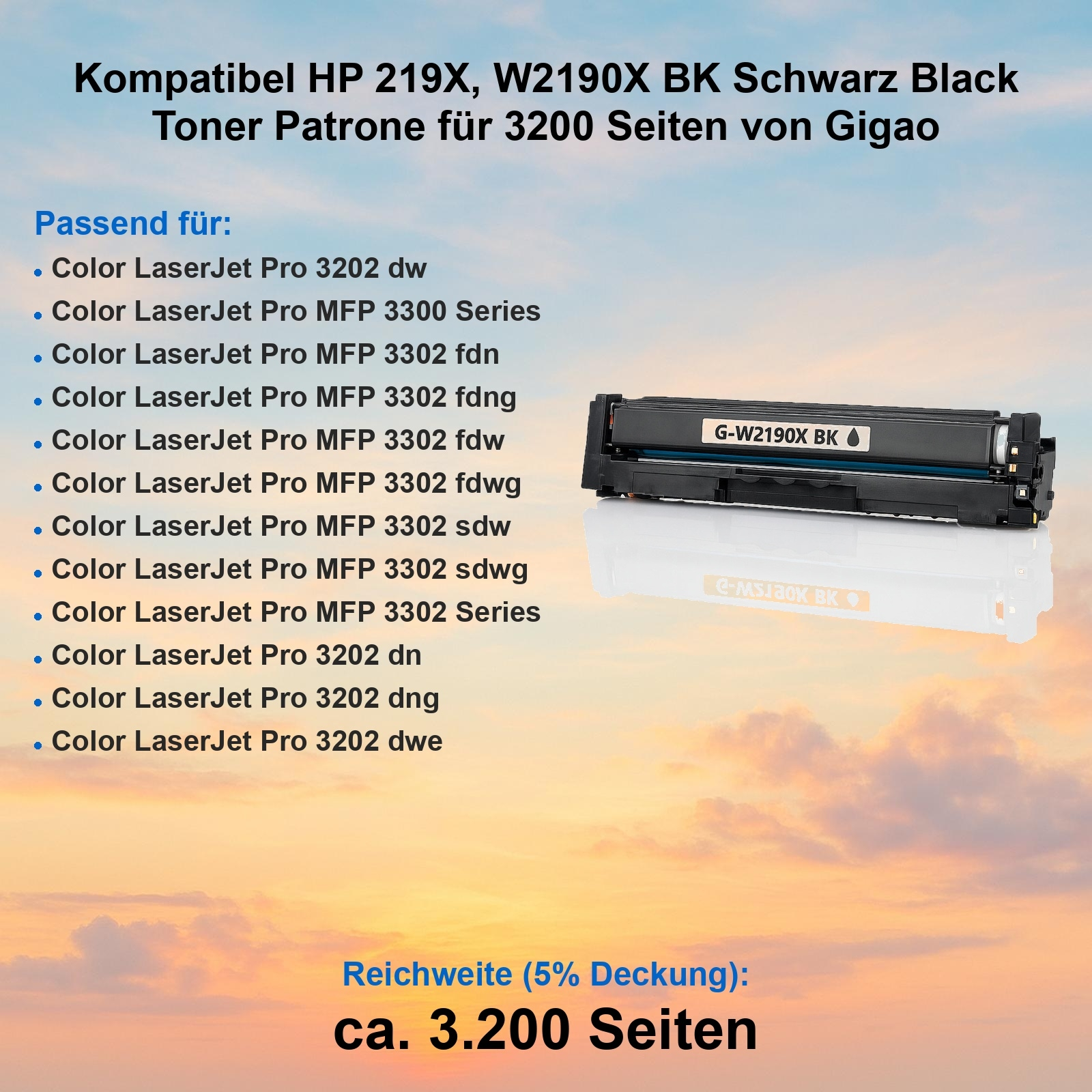 Schwarze Tonerkartusche, beschriftet 'G-W2190X BK'. Text listet kompatible Druckermodelle und Seitenausbeute.