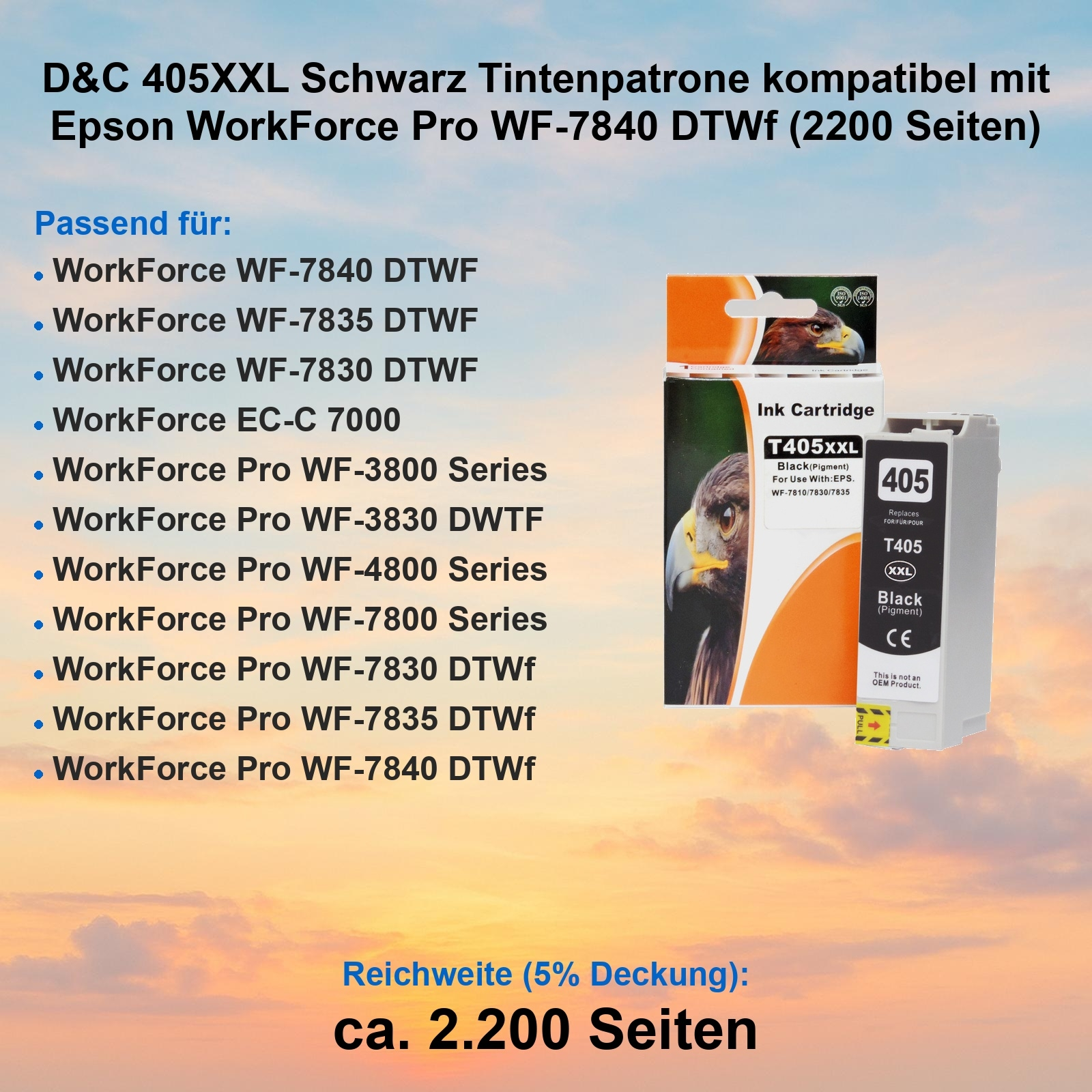 Tintenpatrone und Kartusche, schwarze Tinte, mit Adlerbild. Text: T405XXL. Kompatibel mit Epson-Druckern.