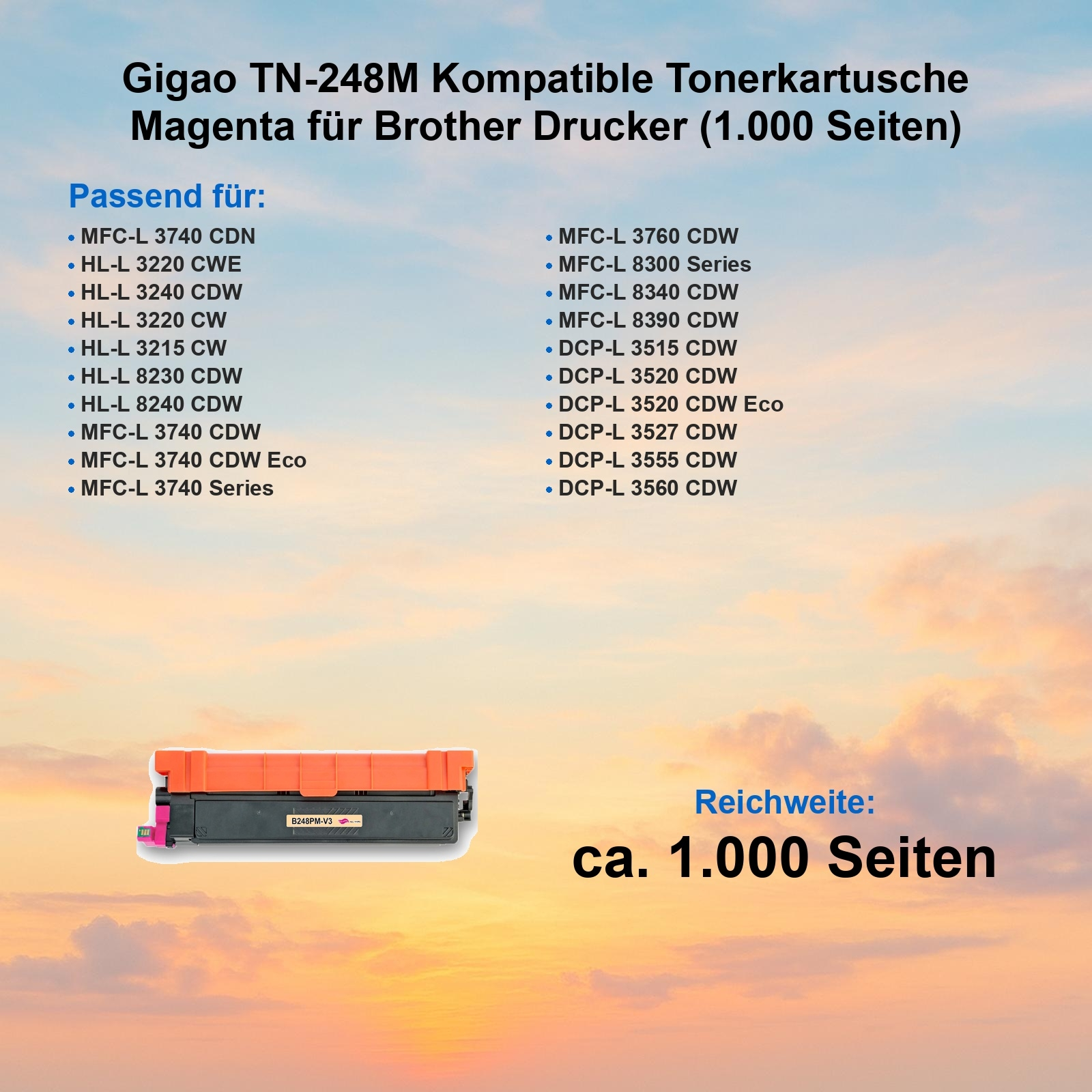 Magentafarbene Tonerkartusche für Brother-Drucker. Enthält eine Kompatibilitätsliste und eine Seitenausbeute von 1.000 Seiten.