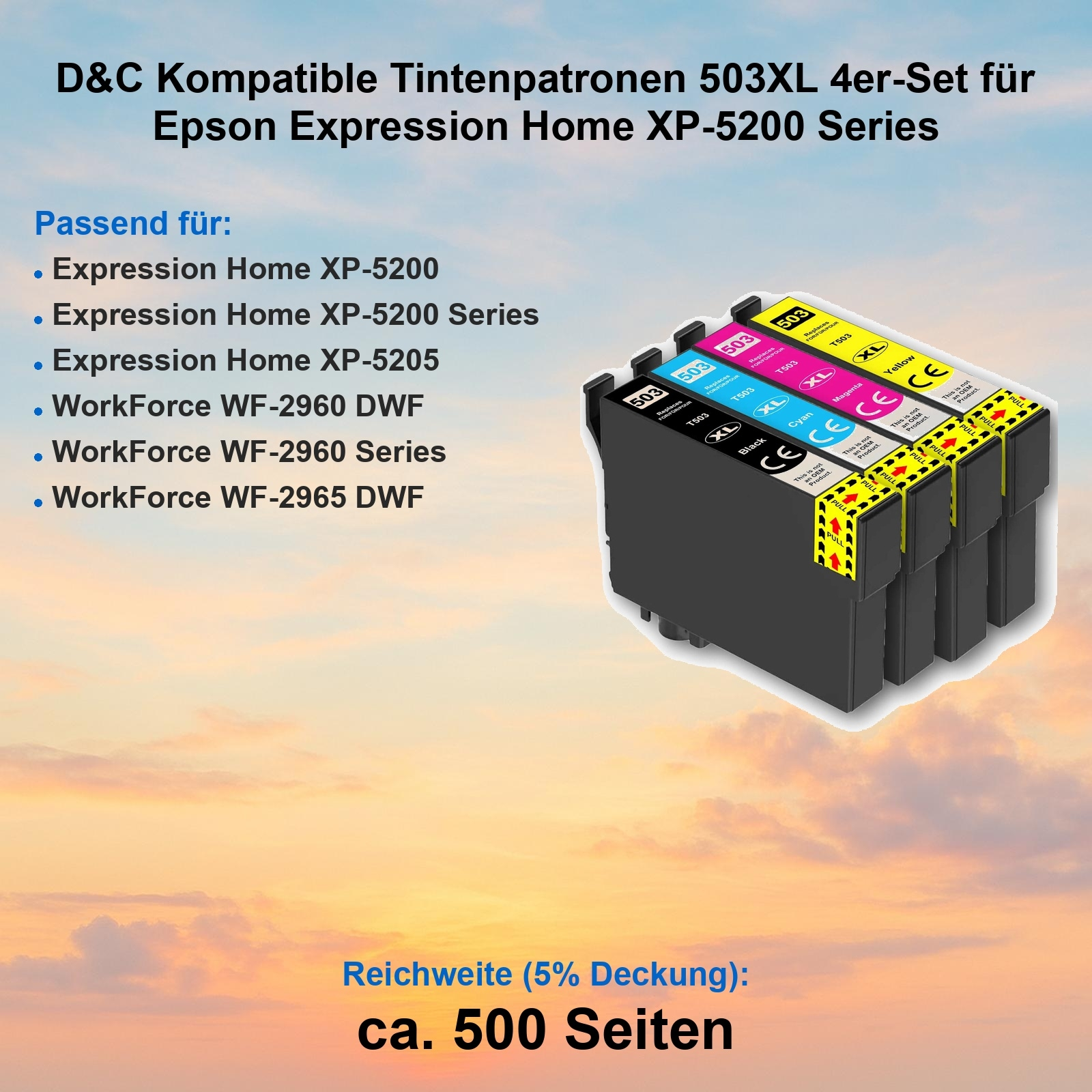 Tintenpatronen-Set für Epson-Drucker. Schwarze, cyanfarbene, magenta- und gelbe Patronen mit Produktdetails und Kompatibilitätsinformationen.