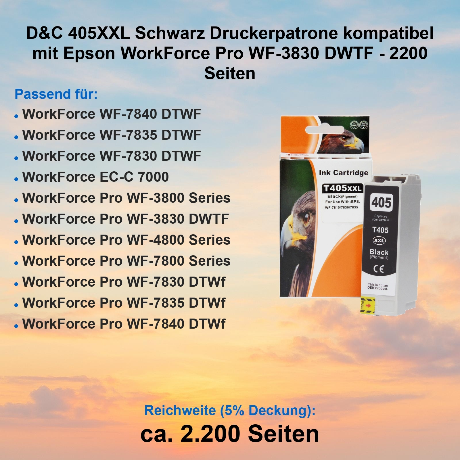 Eine Tintenpatronenbox und -patrone werden angezeigt, mit einer Liste kompatibler Drucker und der Seitenleistung der Patrone.
