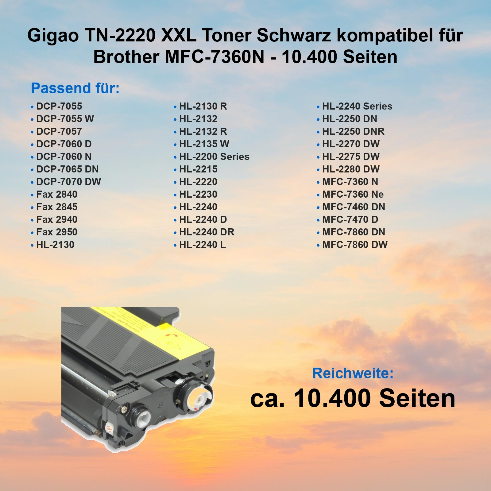 Eine schwarze Tonerkartusche mit gelben Etiketten, Text und einer Liste kompatibler Brother-Drucker auf Hintergrund.