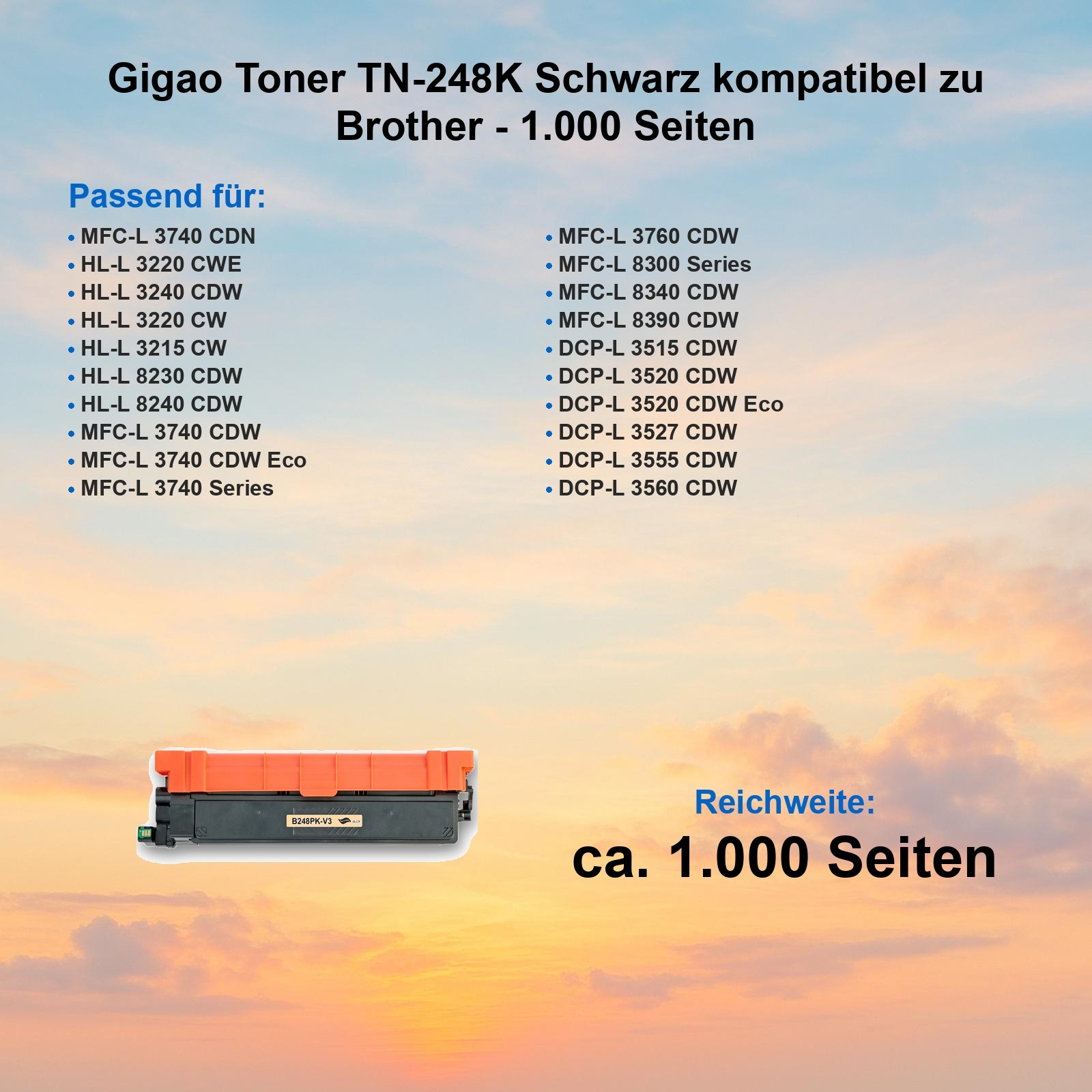 Eine orange-schwarze Tonerkartusche. Text enthält Produktdetails und kompatible Brother-Drucker.