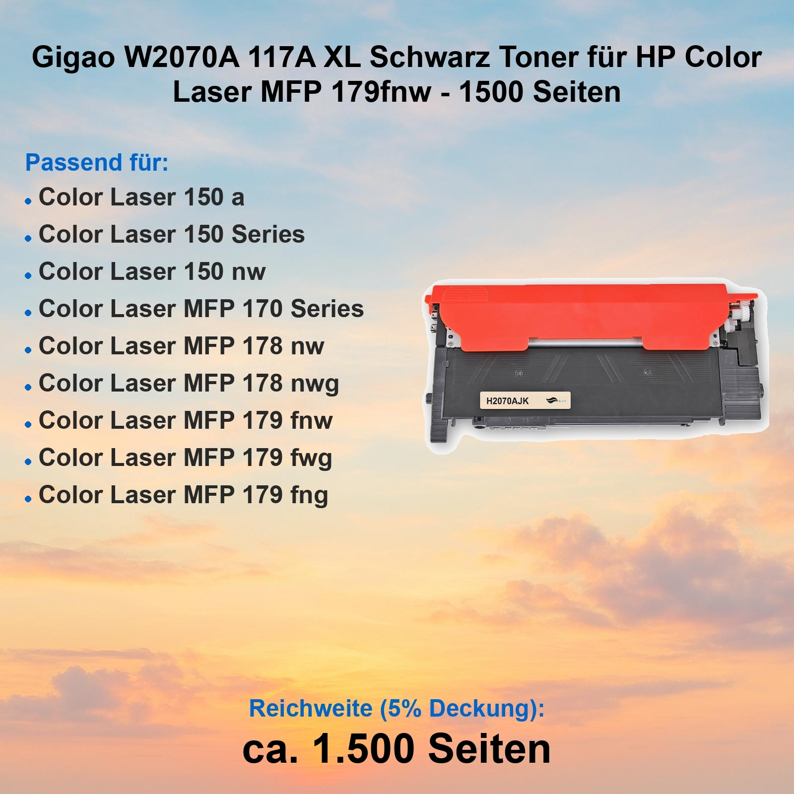 Schwarze und rote Tonerkartusche für HP Color Laserdrucker, mit kompatiblen Modellen und einer Reichweite von 1500 Seiten.
