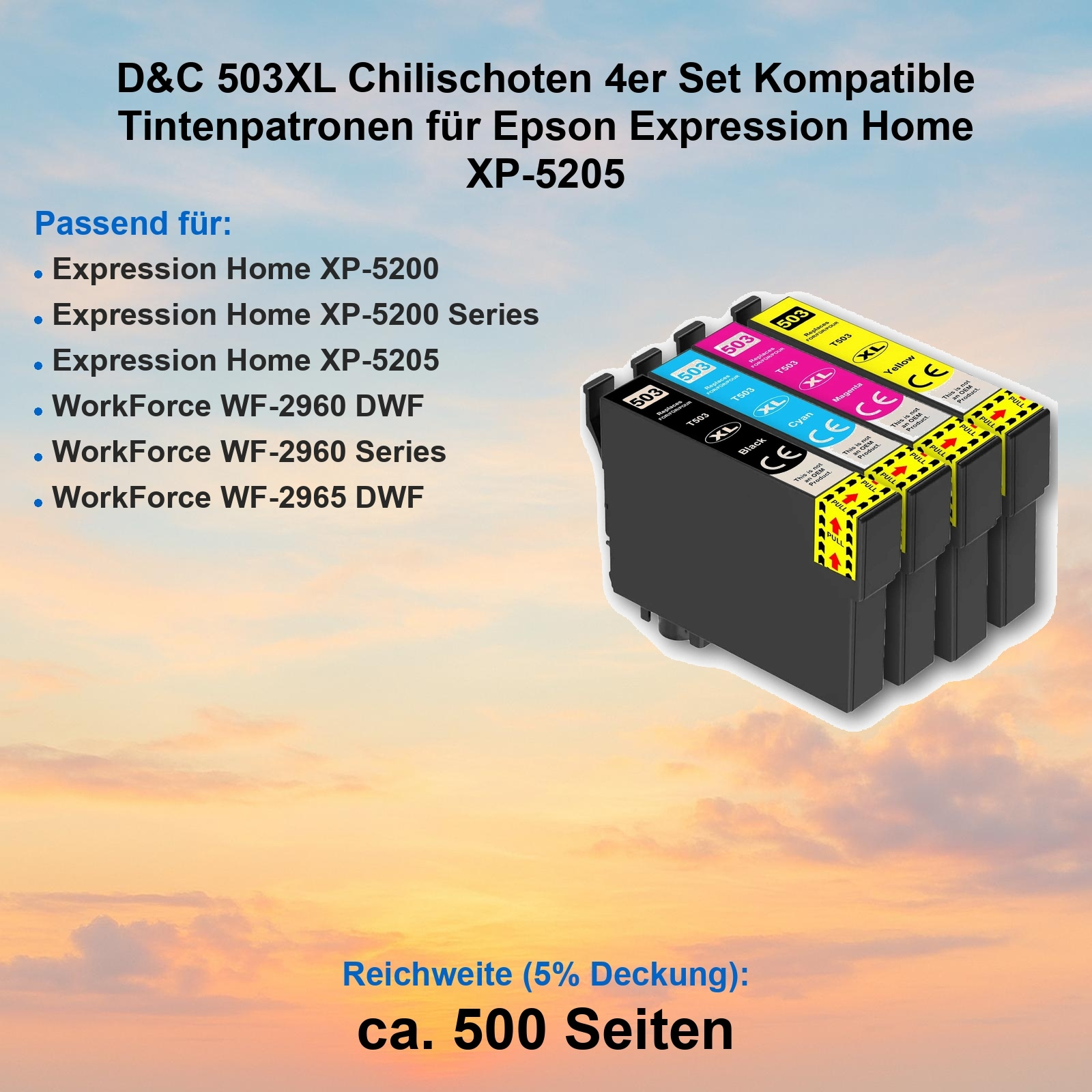 Tintenpatronen, schwarz, cyan, magenta und gelb. Text: Kompatibel mit Epson Expression Home XP-5205 usw.