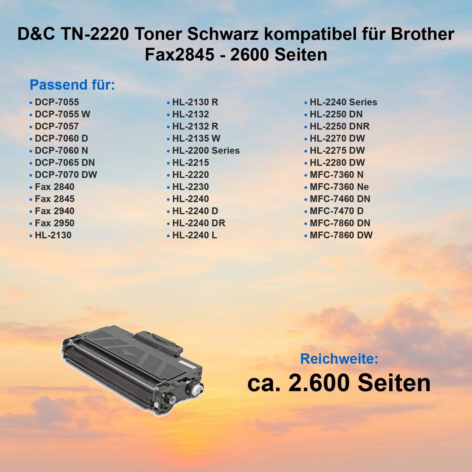 Das Bild zeigt eine schwarze Tonerkartusche mit einer Liste kompatibler Druckermodelle.