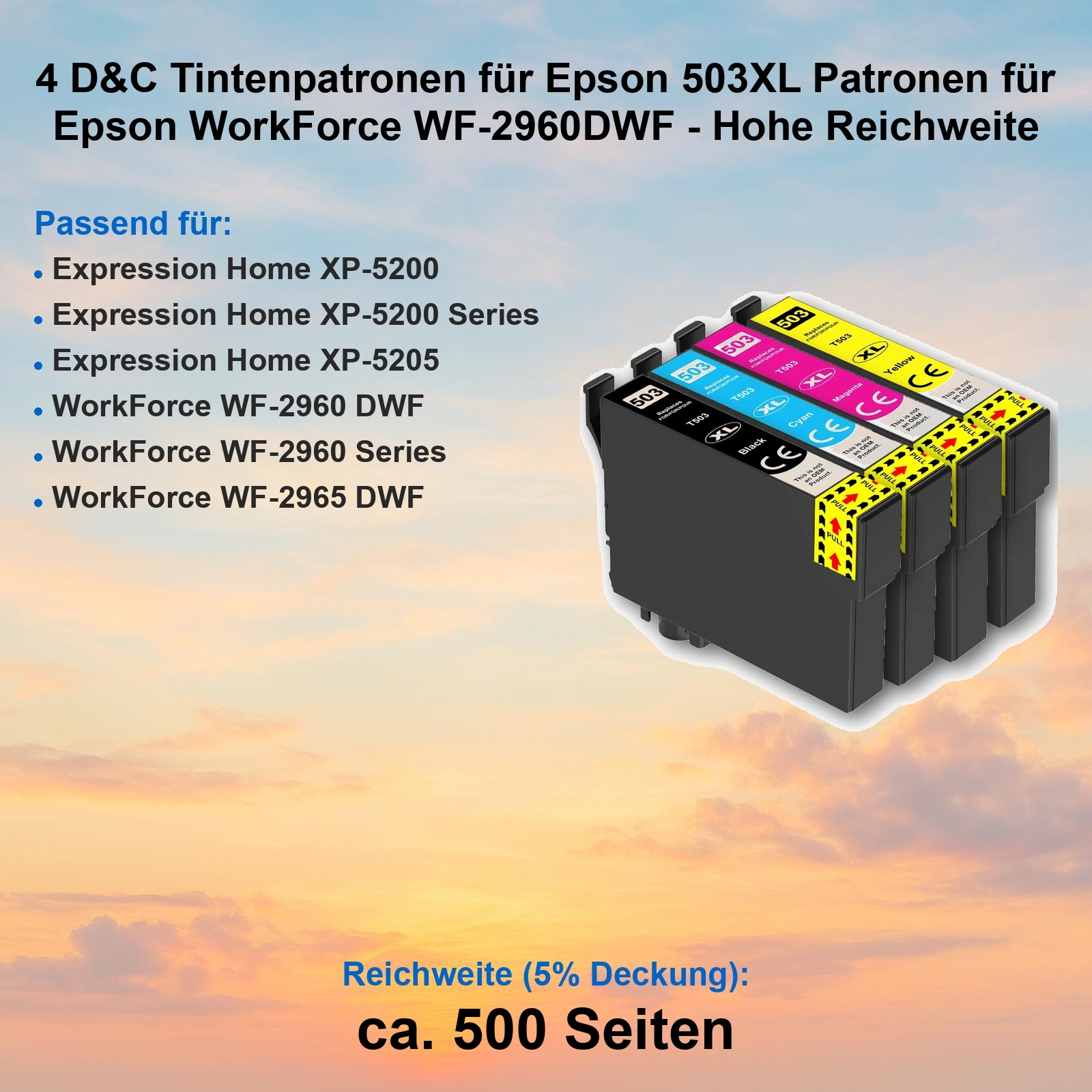 Bild zeigt 4 Tintenpatronen für Epson-Drucker. Farben: Schwarz, Cyan, Magenta, Gelb. Text listet kompatible Modelle.