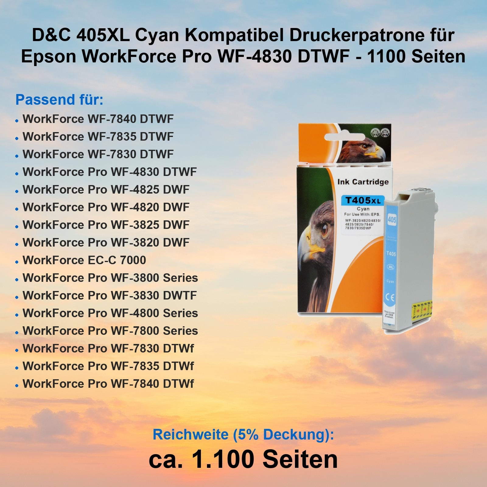 Cyan-Tintenpatrone mit Box, Produktdetails und Kompatibilitätsliste.