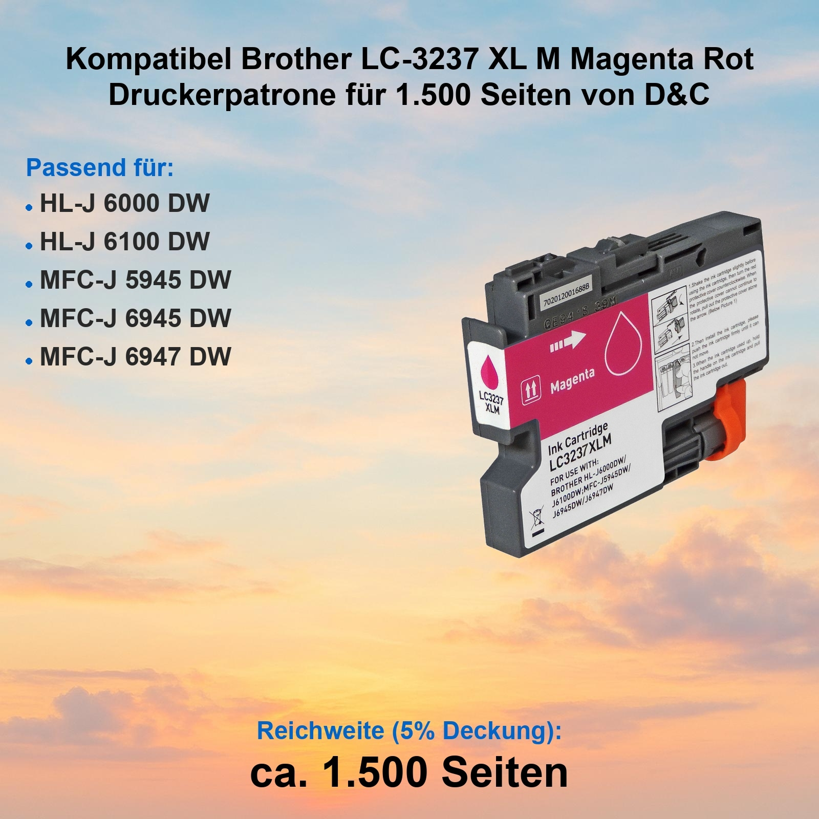 Tintenpatrone für Brother-Drucker, magenta, mit 'LC3237 XLM'. Kompatible Druckermodelle werden ebenfalls angezeigt.