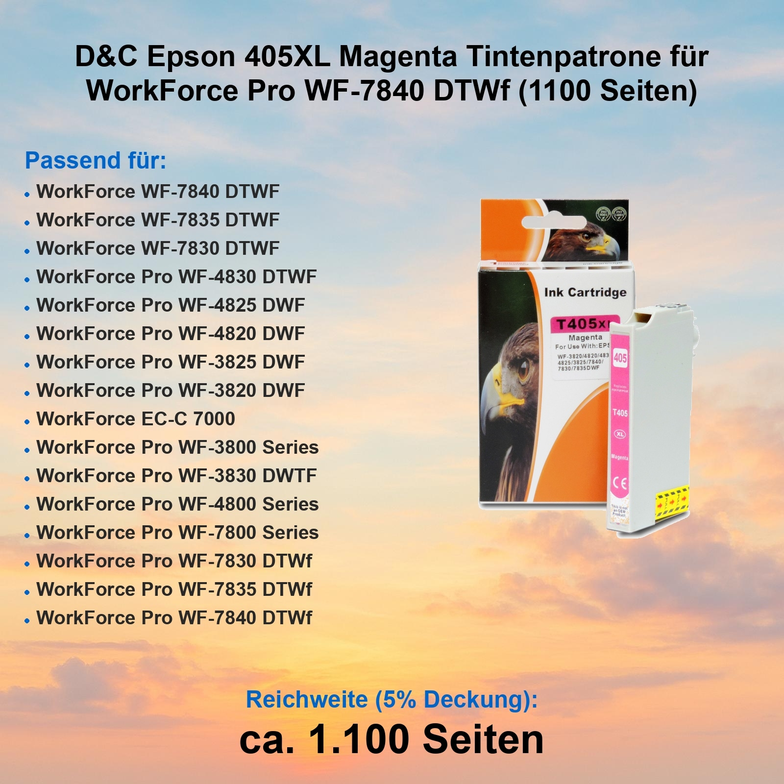Eine Epson Tintenpatronenbox und -patrone werden angezeigt. Text weist auf die Kompatibilität mit verschiedenen Workforce Pro Modellen hin.