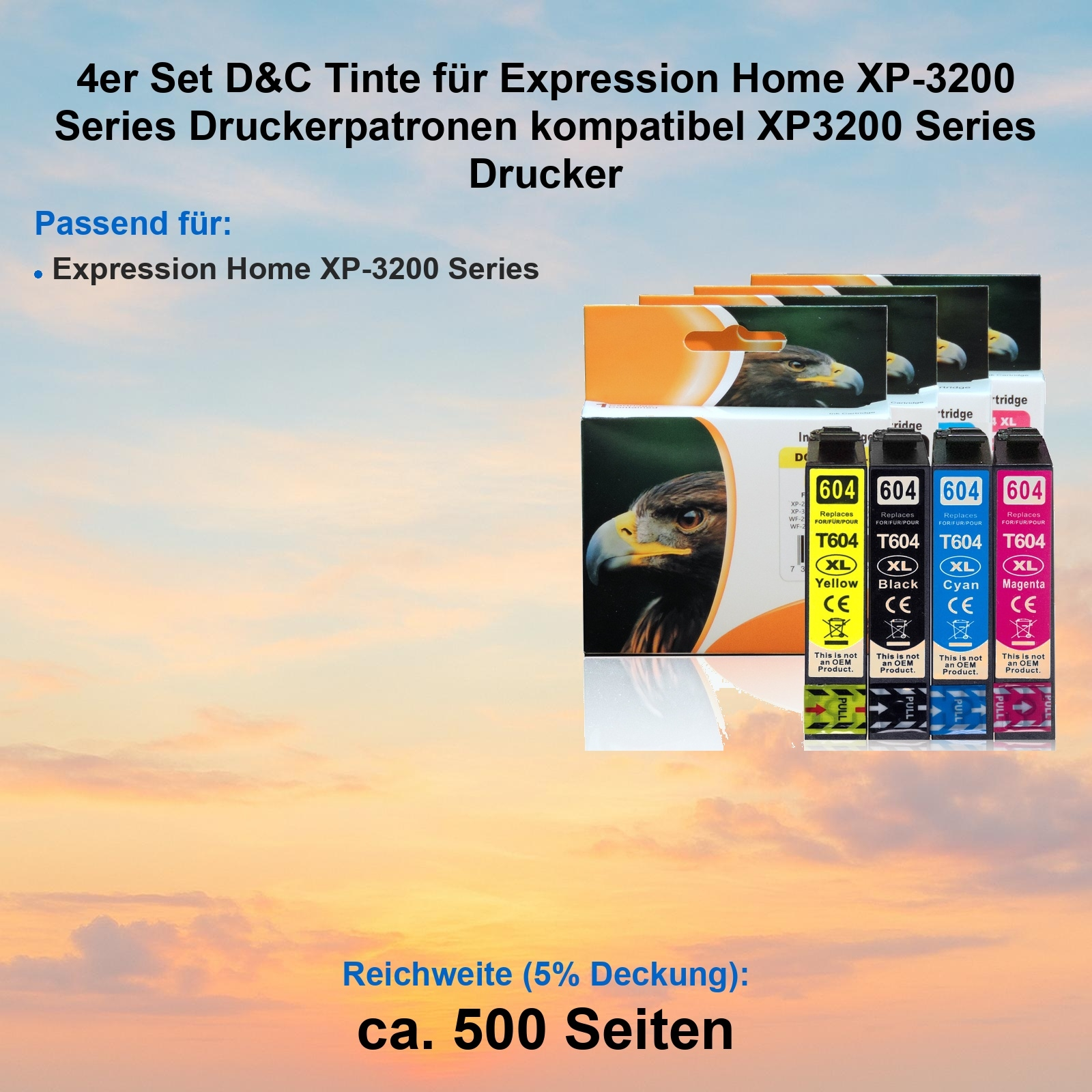 Tintenpatronen für Expression Home XP-3200 Drucker. Gelb, Schwarz, Cyan und Magenta. Text: 4er Set D&C Tinte.