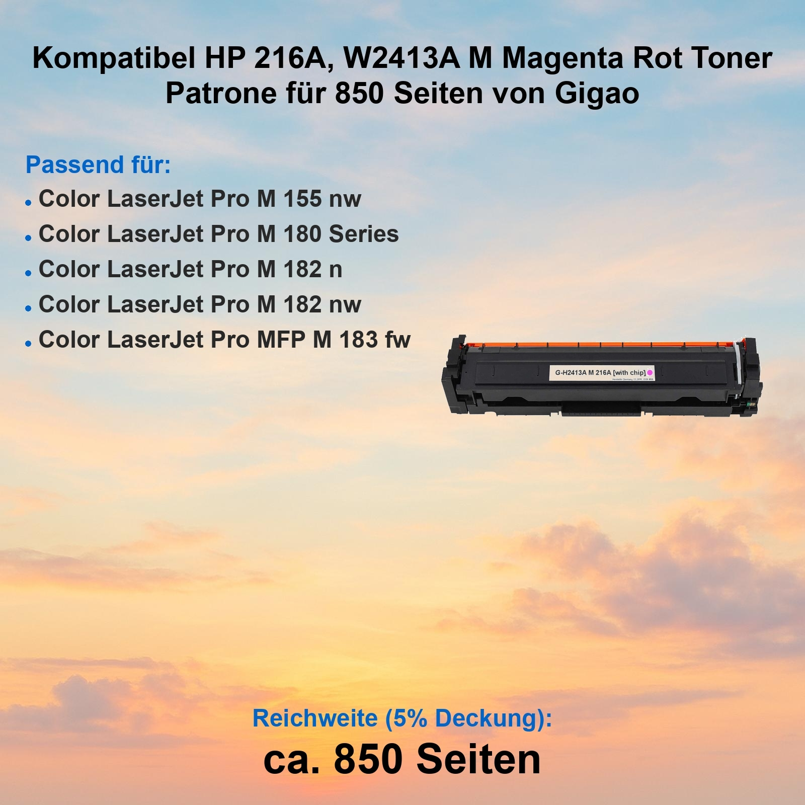 Eine magenta Tonerpatrone für HP-Drucker wird vor einem Himmelshintergrund angezeigt. Text listet kompatible Drucker und Seitenausbeute.