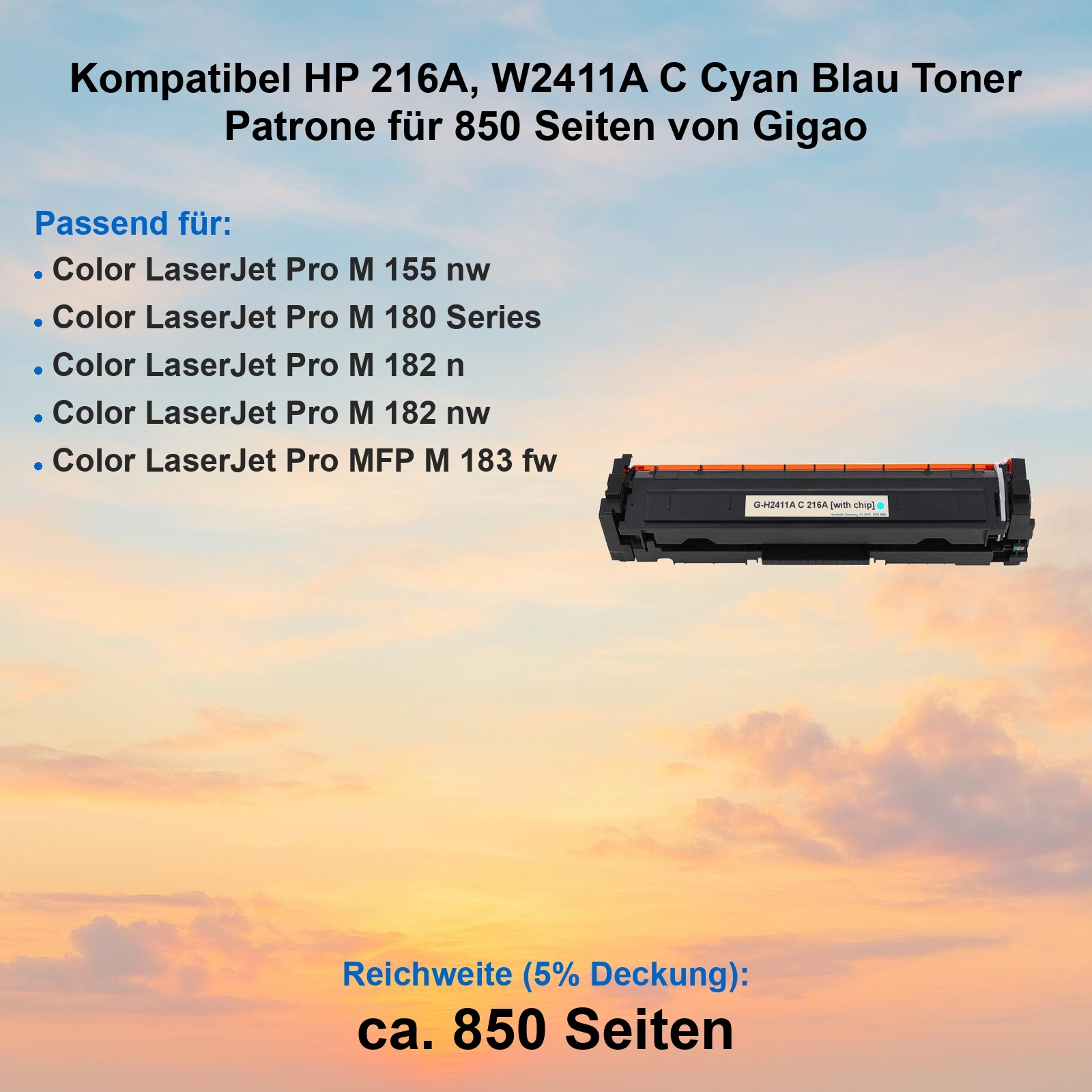 Eine blaue Tonerpatrone mit der Bezeichnung G-H2411A C 216A vor einem Himmelshintergrund mit Produktinformationen.