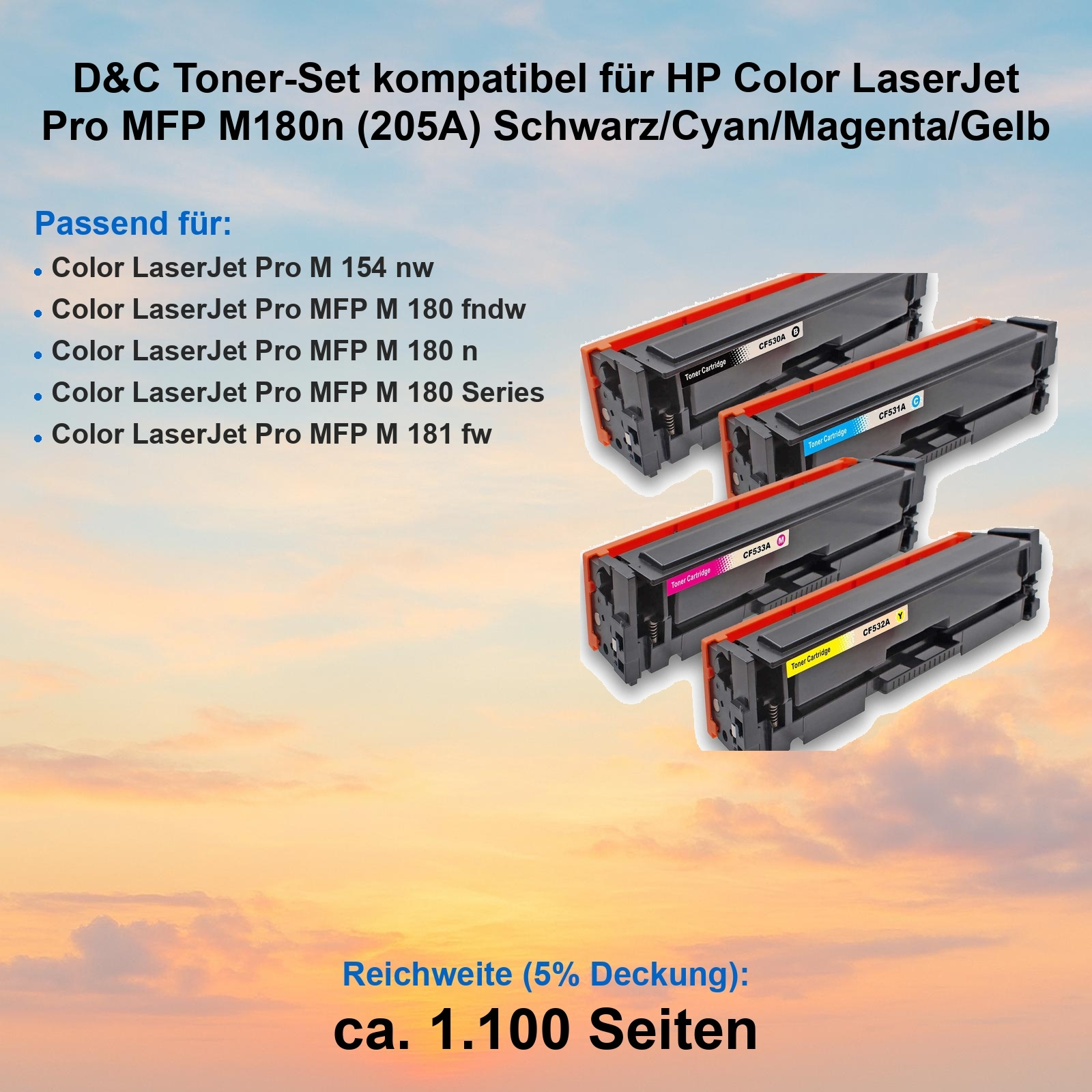 Das Bild zeigt Tonerkartuschen für HP Color LaserJet Drucker. Text enthält Druckermodelle und Kartuschendetails, mit Himmels Hintergrund.