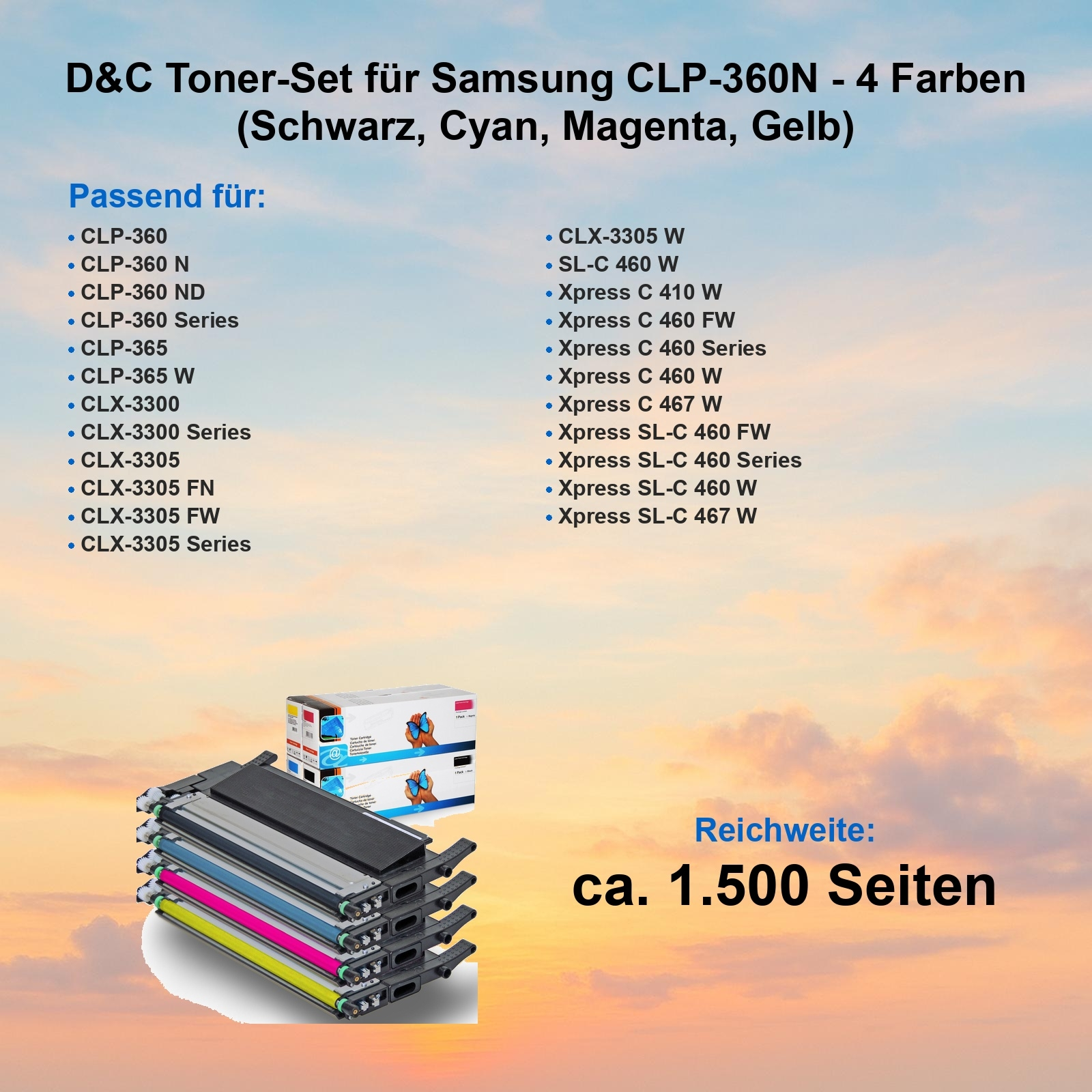 Das Bild zeigt ein Toner-Set für Samsung-Drucker mit einem Stapel von Patronen. Text listet kompatible Modelle.