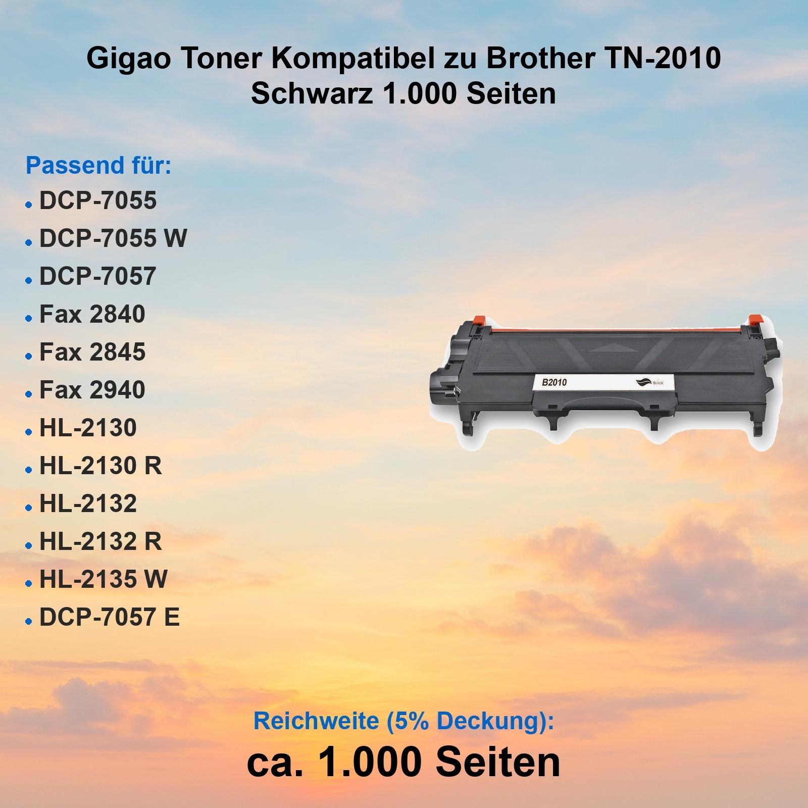 Schwarze Tonerkartusche für Brother-Drucker. Enthält eine Liste kompatibler Modelle und Seitenleistung.