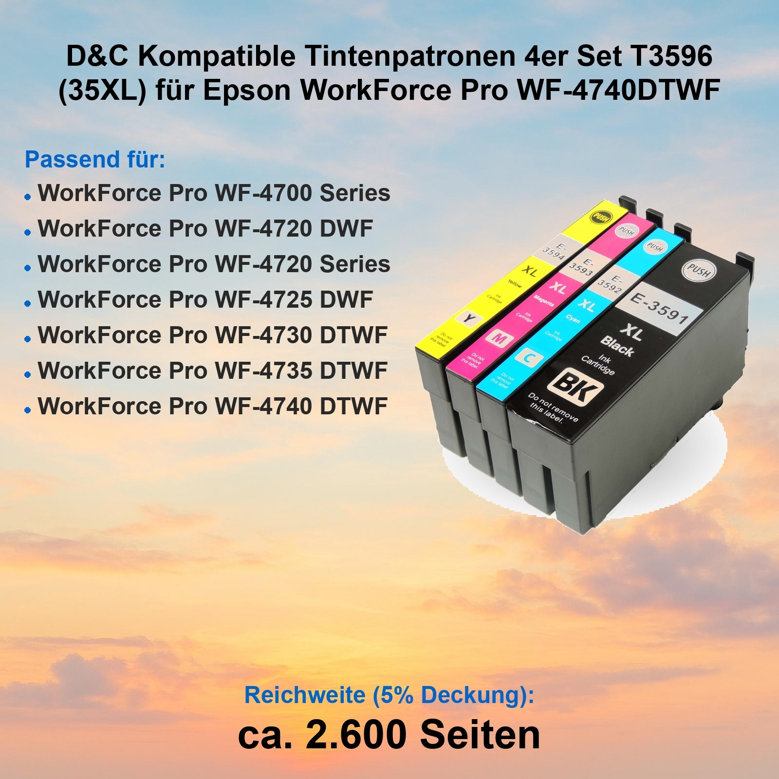 Das Bild zeigt ein Tintenpatronen-Set. Die Patronen sind gelb, magenta, cyan und schwarz. Text listet kompatible Epson-Drucker auf.